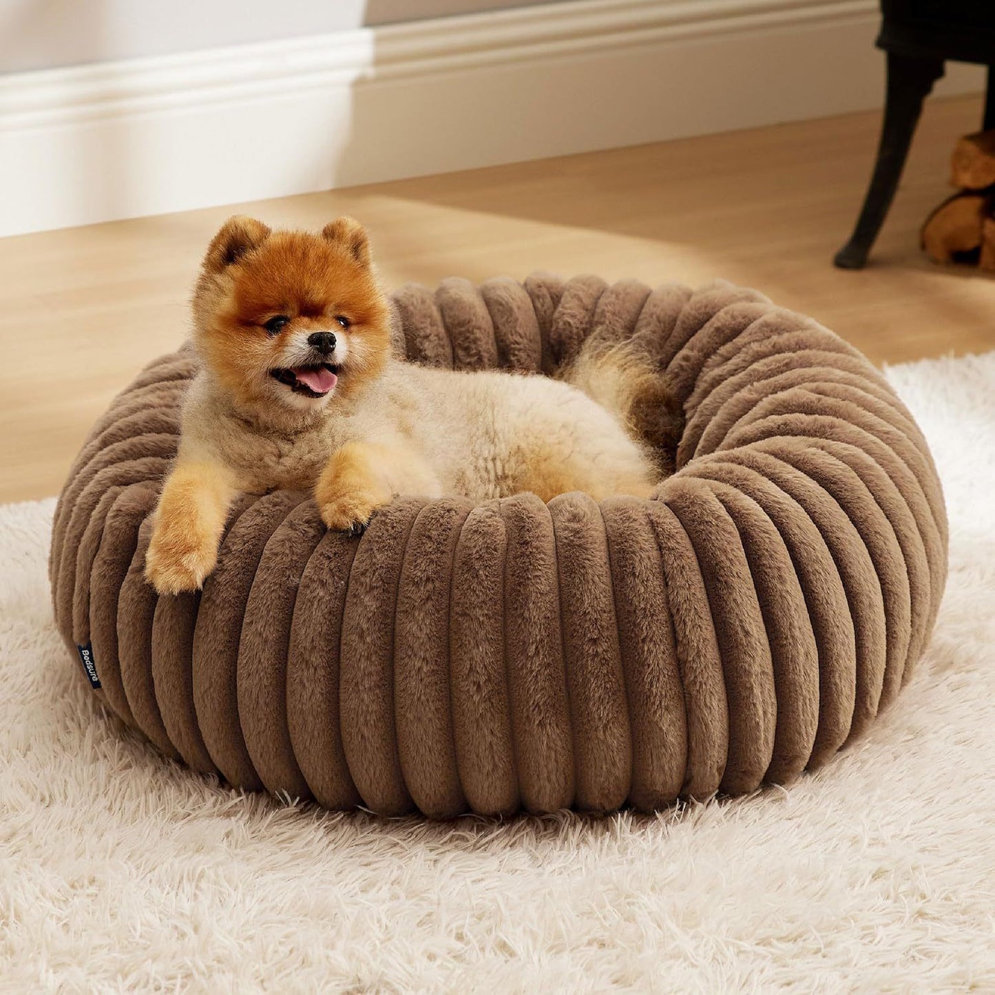 Calming Donut Pet Bed - Faux Rabbit Fur Soft Warm Round Cat Dog Bed - Plush Cozy Cuddler for Small Dogs Cats - Camel S 60cm