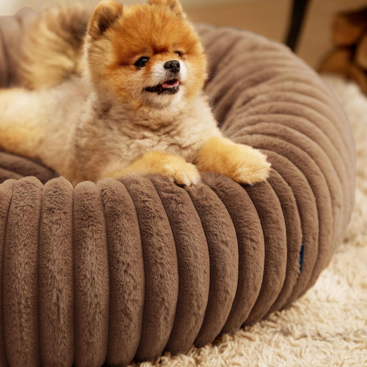 Calming Donut Pet Bed - Faux Rabbit Fur Soft Warm Round Cat Dog Bed - Plush Cozy Cuddler for Small Dogs Cats - Camel S 60cm