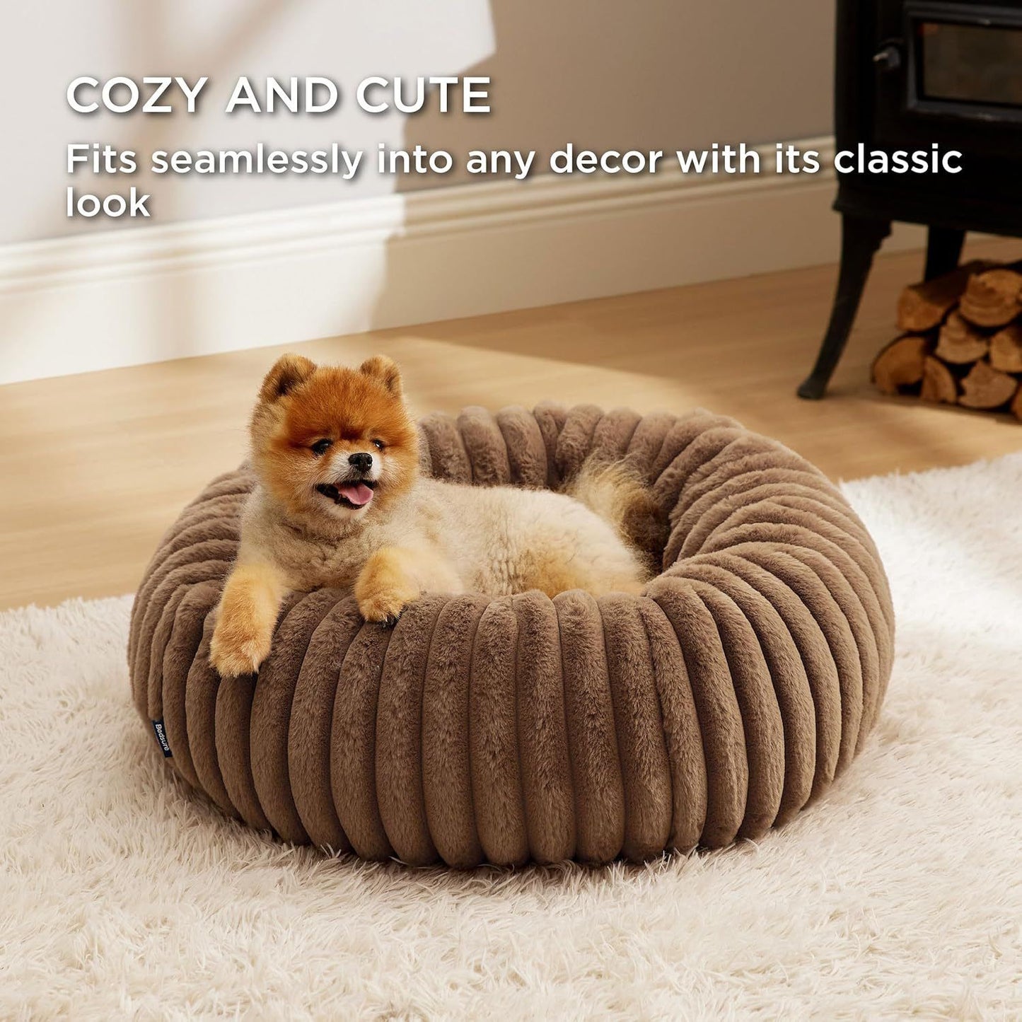 Calming Donut Pet Bed - Faux Rabbit Fur Soft Warm Round Cat Dog Bed - Plush Cozy Cuddler for Small Dogs Cats - Camel XS 50cm