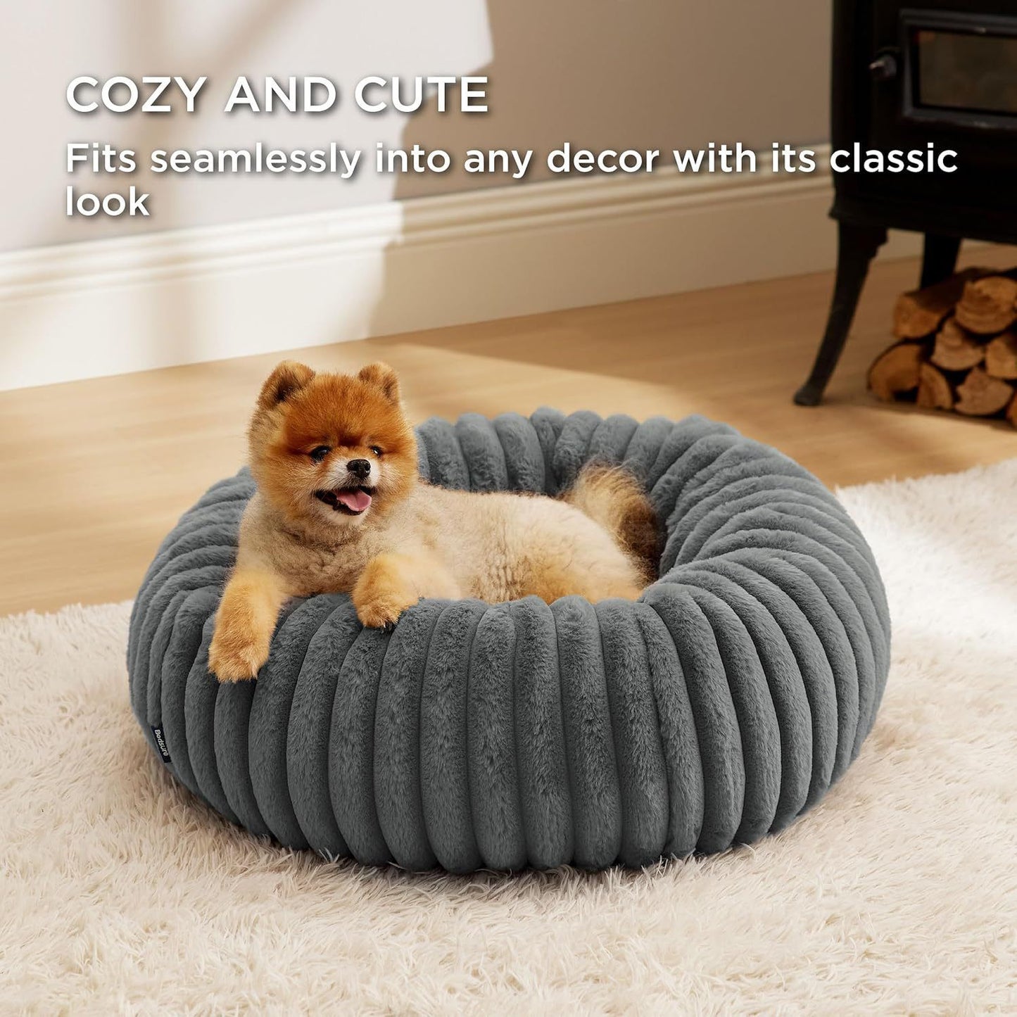Calming Donut Pet Bed - Faux Rabbit Fur Soft Warm Round Cat Dog Bed - Plush Cozy Cuddler for Small Dogs Cats - Gray S 60cm