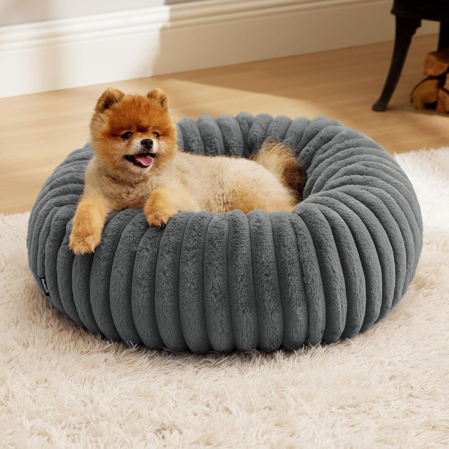 Calming Donut Pet Bed - Faux Rabbit Fur Soft Warm Round Cat Dog Bed - Plush Cozy Cuddler for Small Dogs Cats - Gray XS 50cm