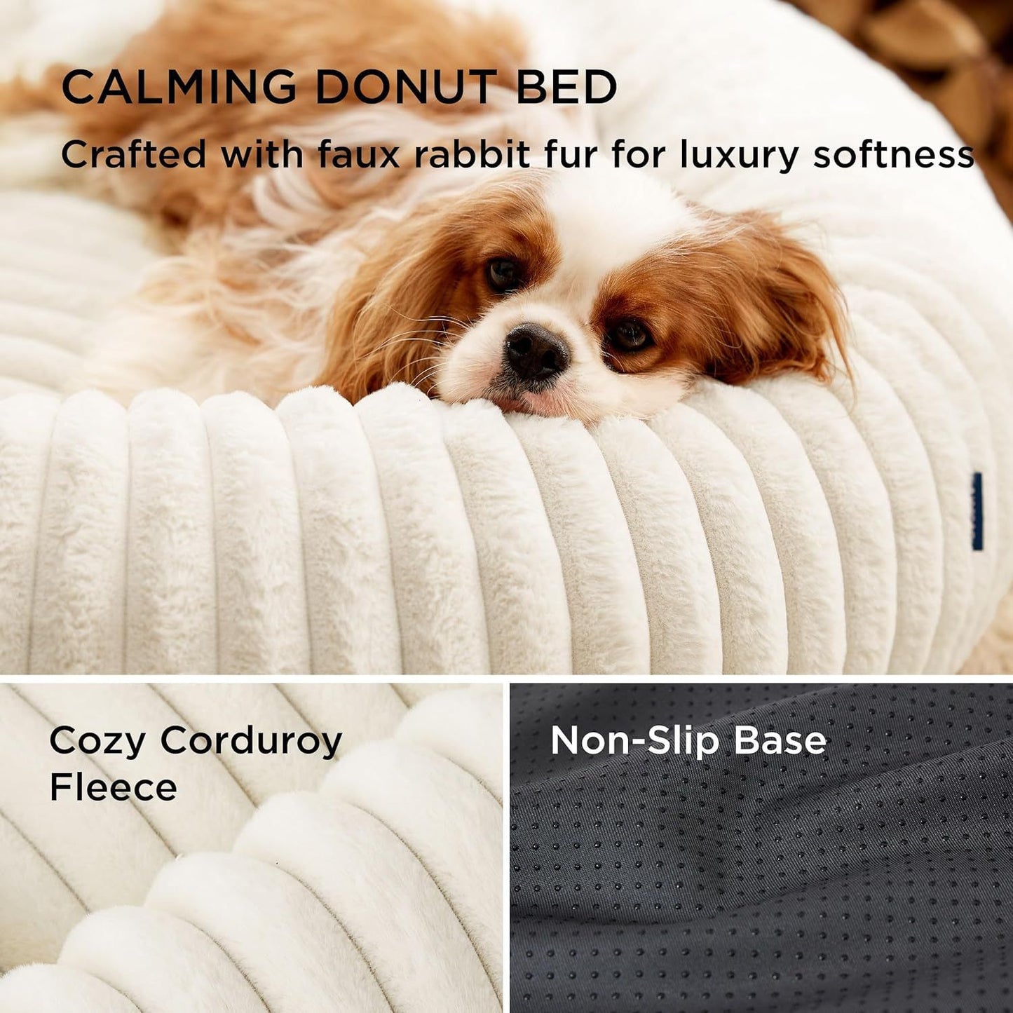 Calming Donut Pet Bed - Faux Rabbit Fur Soft Warm Round Cat Dog Bed - Plush Cozy Cuddler for Small Dogs Cats - Off White L 80cm