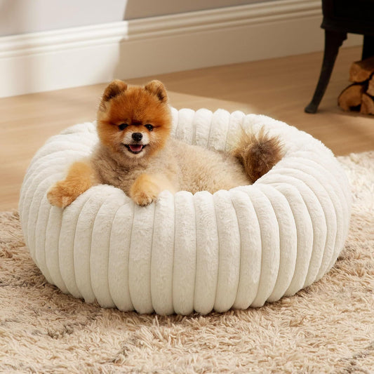 Calming Donut Pet Bed - Faux Rabbit Fur Soft Warm Round Cat Dog Bed - Plush Cozy Cuddler for Small Dogs Cats - Off White M 70cm