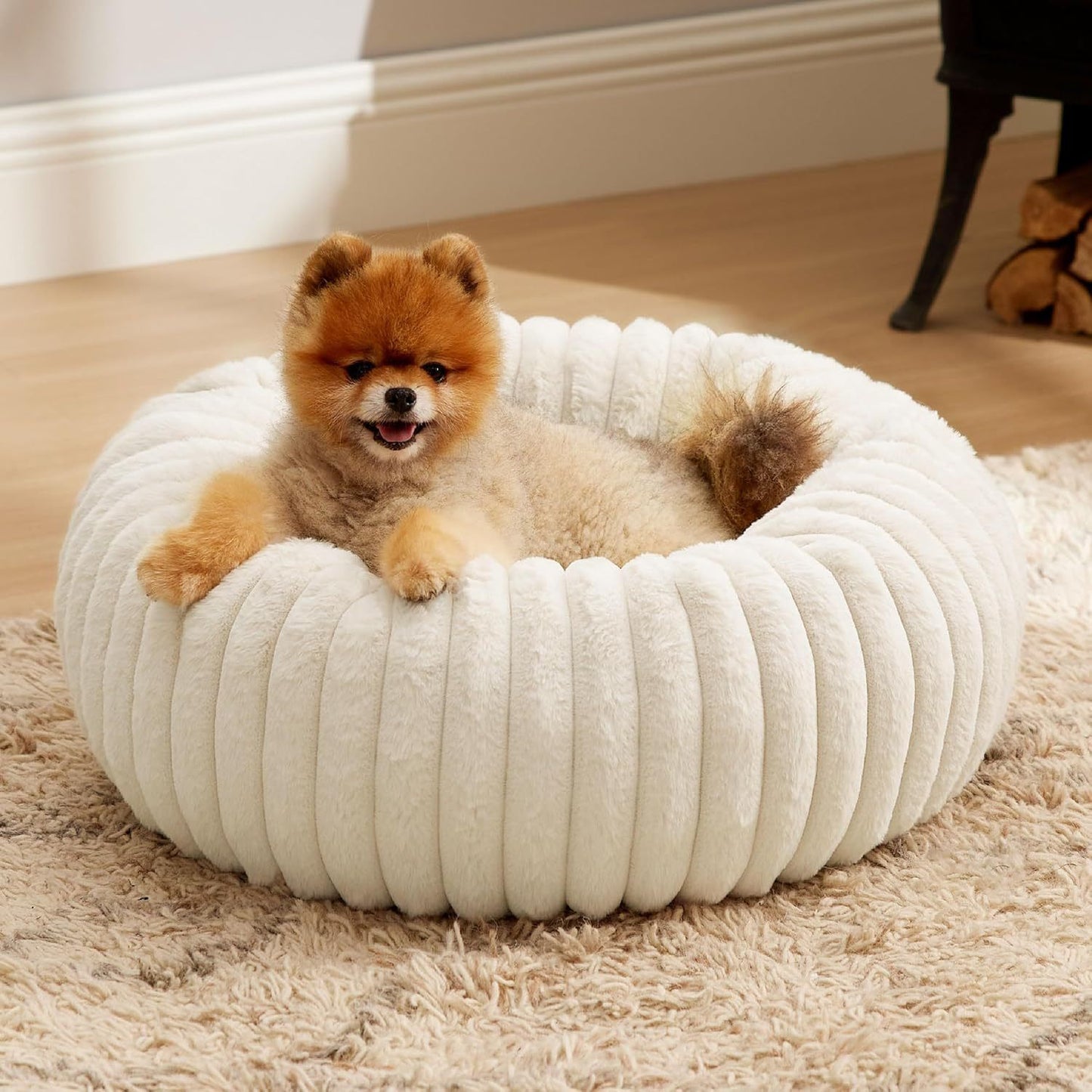 Calming Donut Pet Bed - Faux Rabbit Fur Soft Warm Round Cat Dog Bed - Plush Cozy Cuddler for Small Dogs Cats - Off White XS 50cm