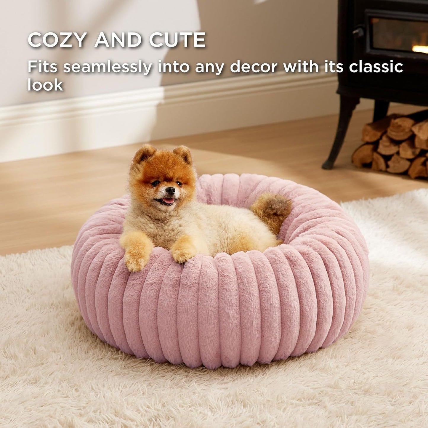 Calming Donut Pet Bed - Faux Rabbit Fur Soft Warm Round Cat Dog Bed - Plush Cozy Cuddler for Small Dogs Cats - Pink L 80cm
