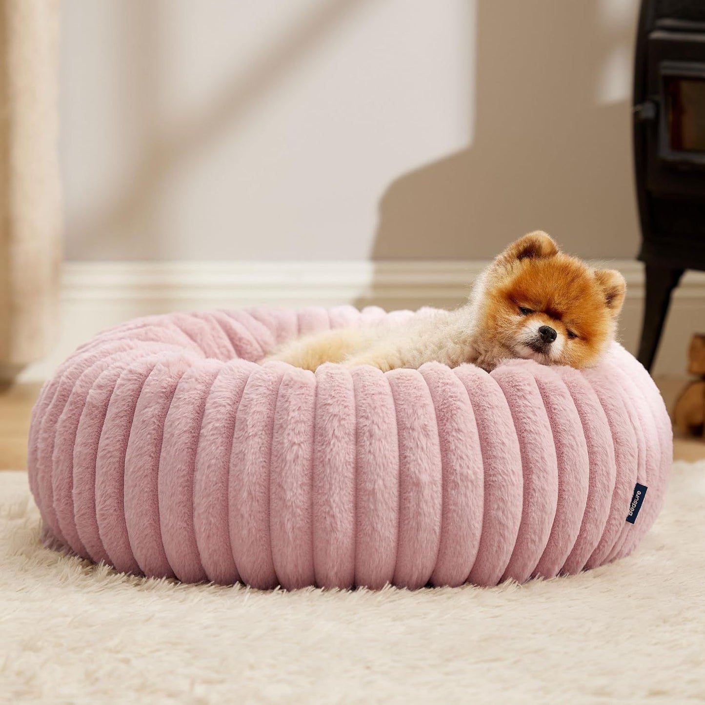 Calming Donut Pet Bed - Faux Rabbit Fur Soft Warm Round Cat Dog Bed - Plush Cozy Cuddler for Small Dogs Cats - Pink M 70cm