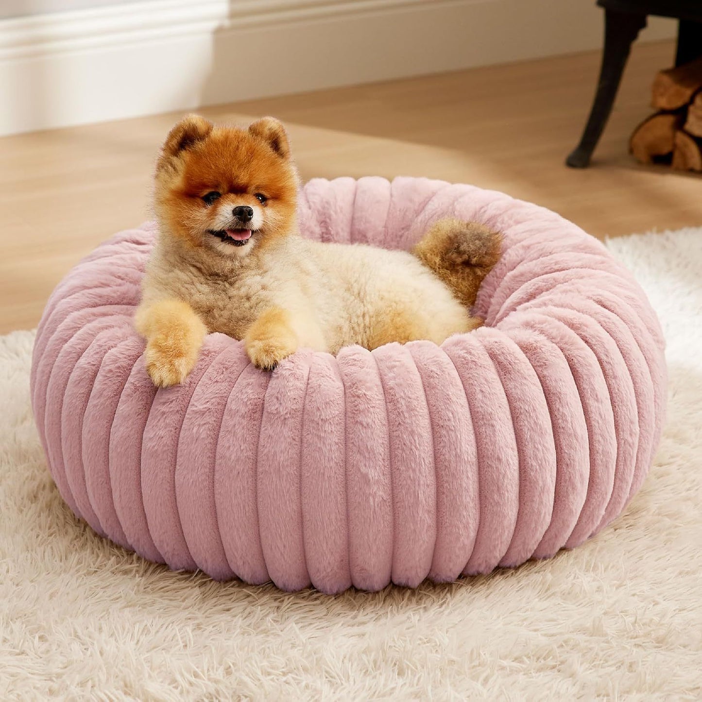 Calming Donut Pet Bed - Faux Rabbit Fur Soft Warm Round Cat Dog Bed - Plush Cozy Cuddler for Small Dogs Cats - Pink S 60cm