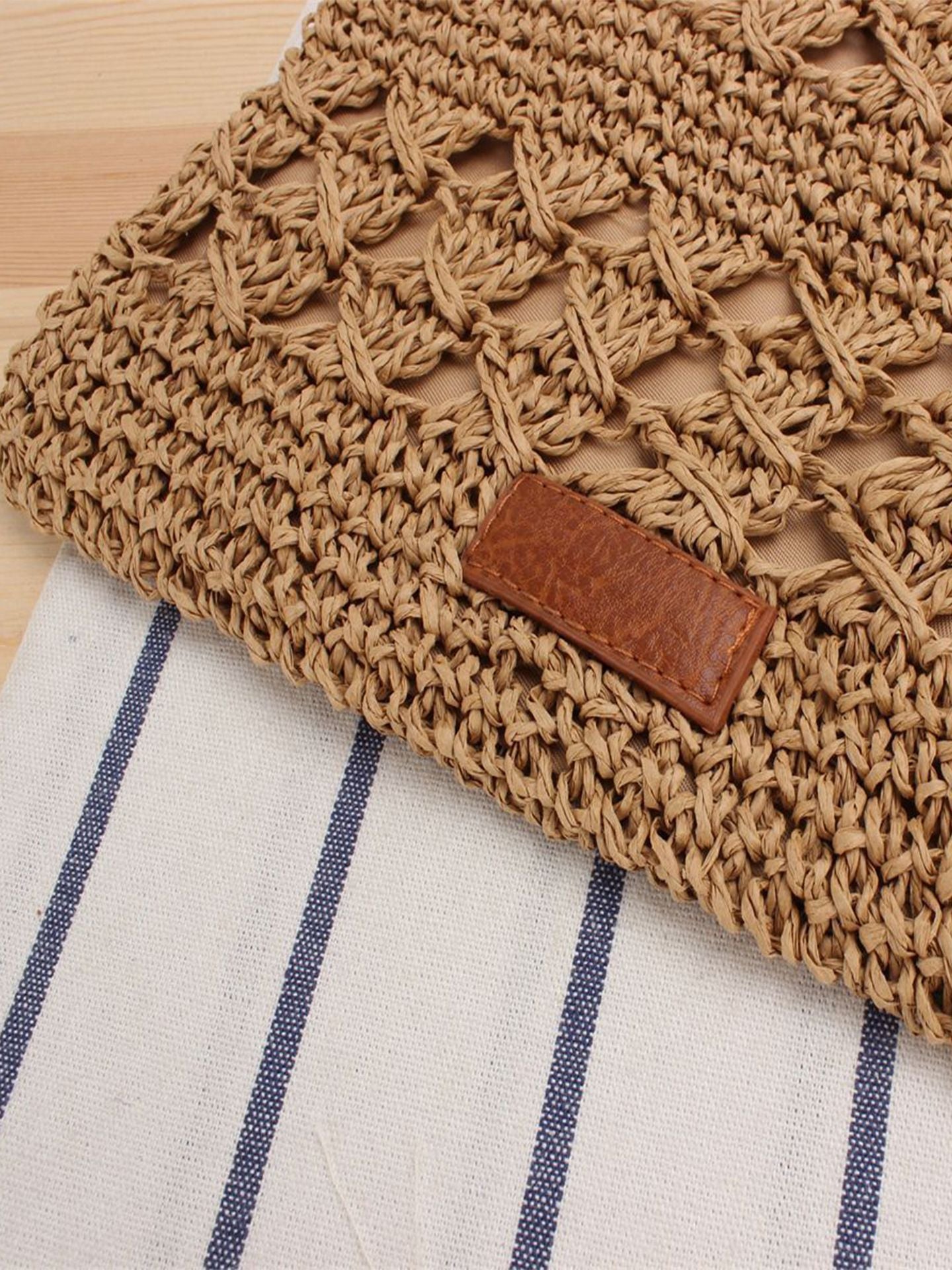 Hollow Woven Summer Beach Bag - Handmade Paper Rope Crossbody Tote for Vacation - Lightweight Crochet Shoulder Bag - Camel