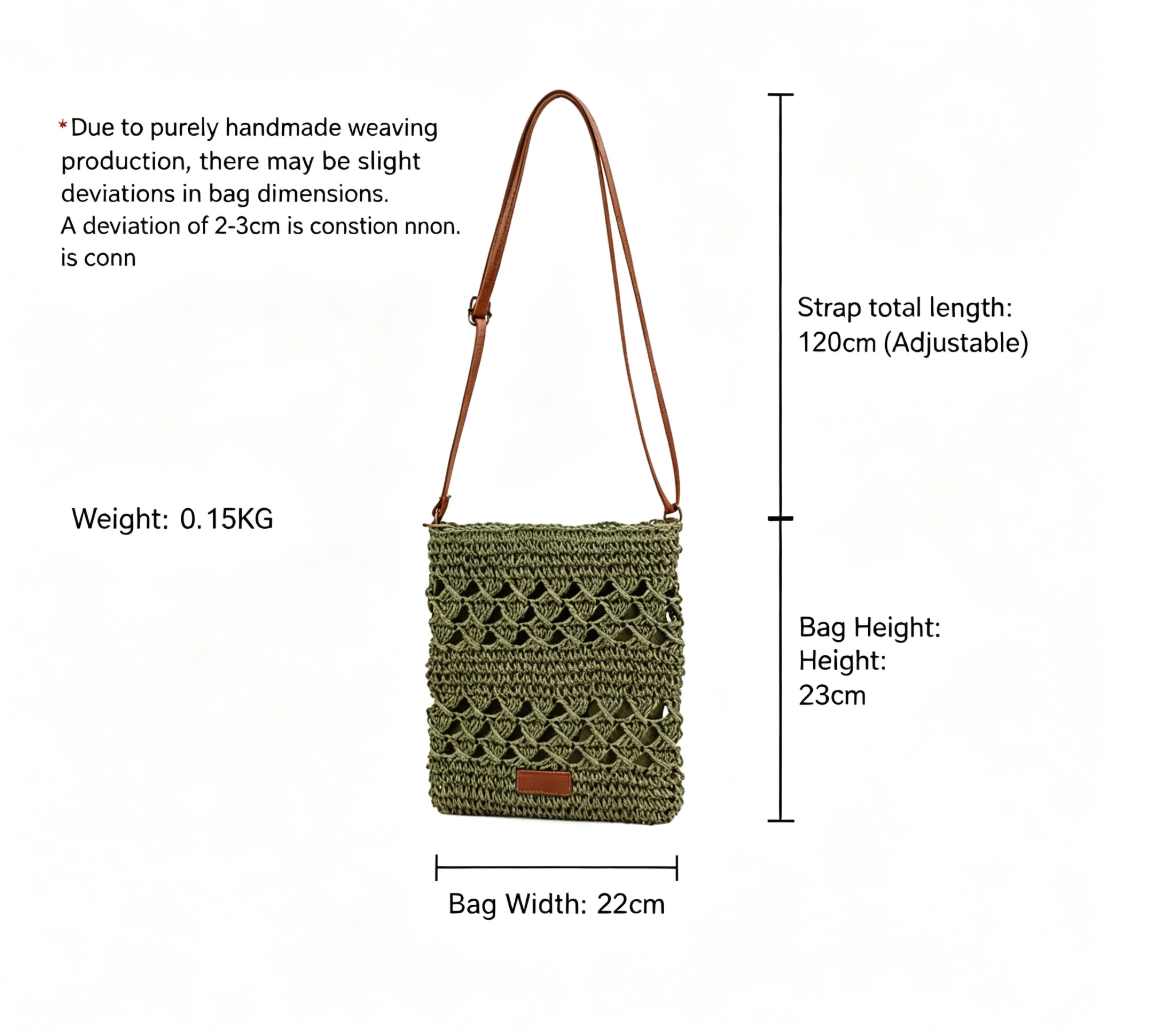 Hollow Woven Summer Beach Bag - Handmade Paper Rope Crossbody Tote for Vacation - Lightweight Crochet Shoulder Bag - Olive