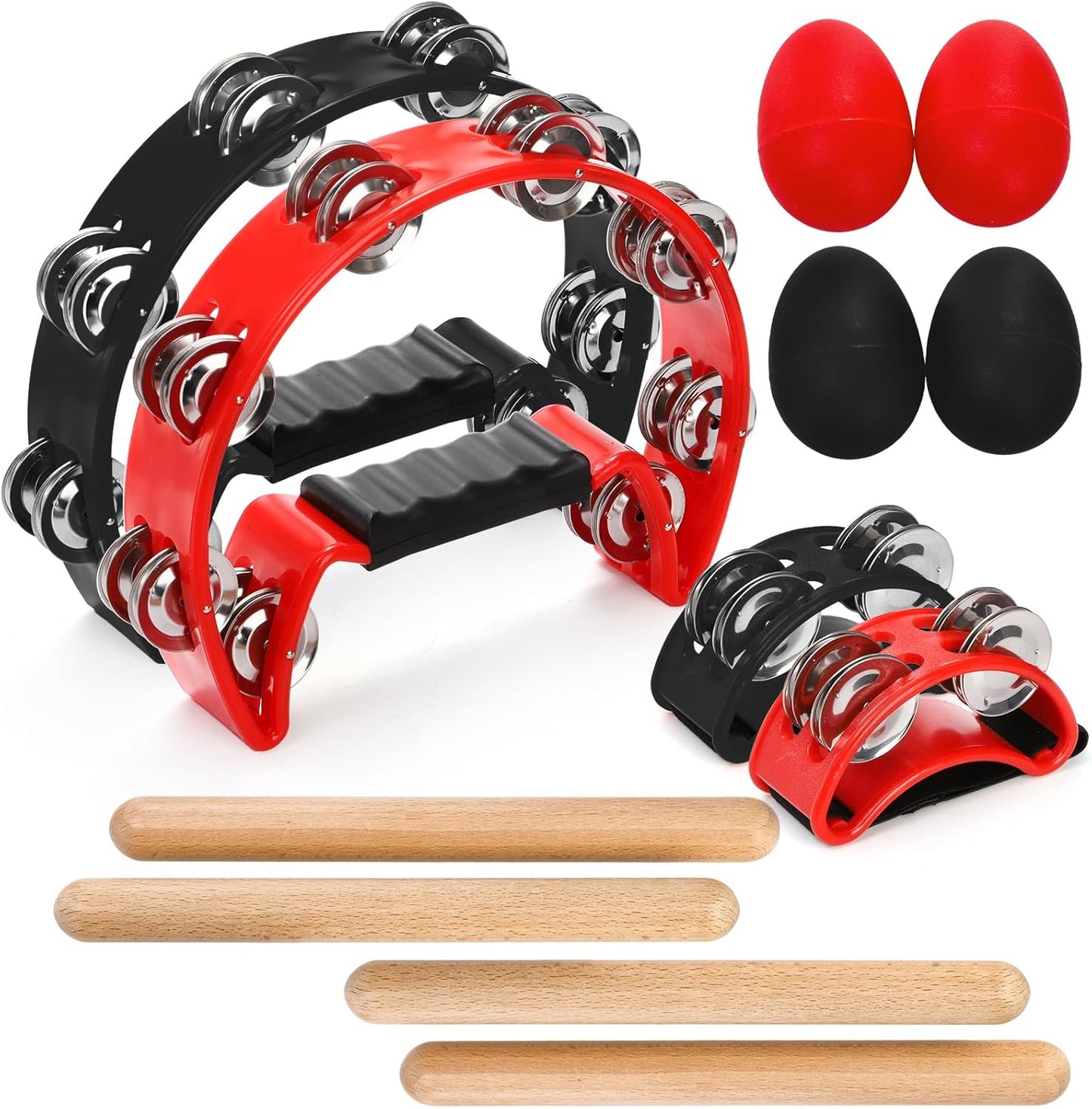 12 Pcs Tambourines for Adults, Hand Held Half Moon Tambourine with Foot Wood Rhythm Sticks and Egg Shakers, Double Row Metal Jingles Percussion Instrument Set Party