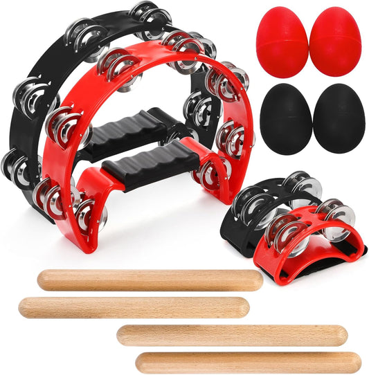 12 Pcs Tambourines for Adults, Hand Held Half Moon Tambourine with Foot Wood Rhythm Sticks and Egg Shakers, Double Row Metal Jingles Percussion Instrument Set Party