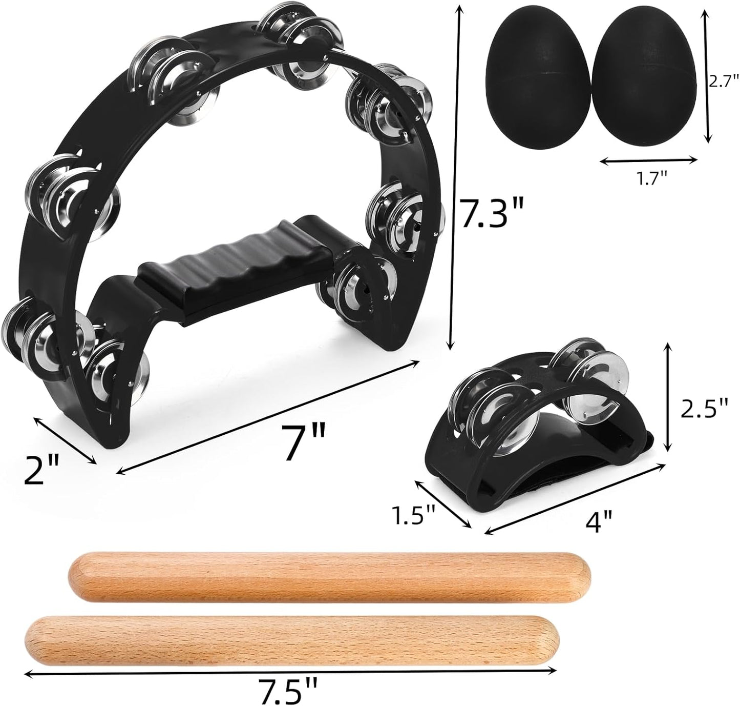 12 Pcs Tambourines for Adults, Hand Held Half Moon Tambourine with Foot Wood Rhythm Sticks and Egg Shakers, Double Row Metal Jingles Percussion Instrument Set Party