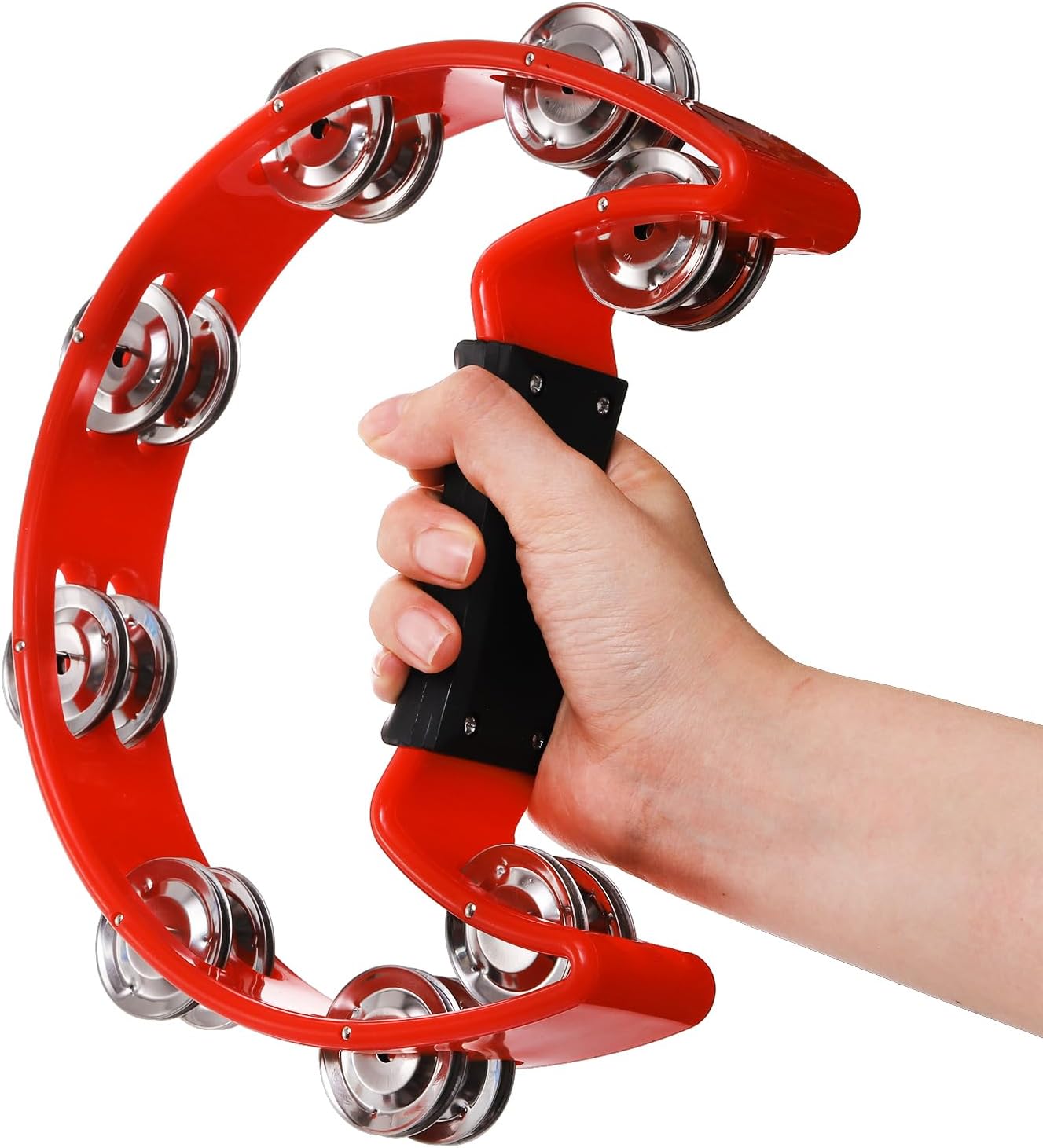 12 Pcs Tambourines for Adults, Hand Held Half Moon Tambourine with Foot Wood Rhythm Sticks and Egg Shakers, Double Row Metal Jingles Percussion Instrument Set Party
