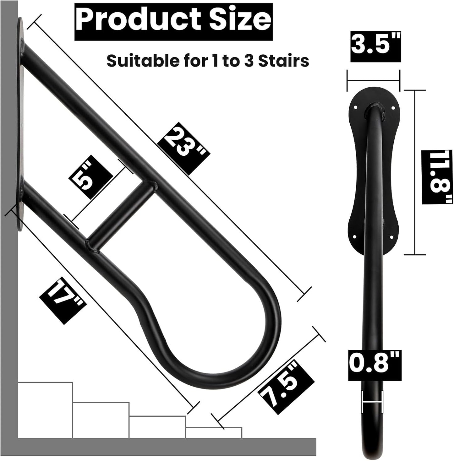 Handrails for Outdoor Steps, 23 Inch Weather Resistant Stair Railing 1-3 Step, Wall Mount Safety Grab Bar with Non-Slip Crossbar, Heavy Duty Bent Hand Rail Garage, Porch, Garden, Yard