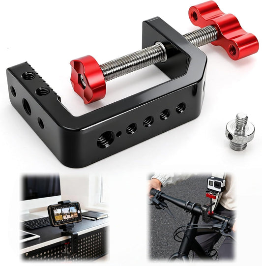 C Clamp Desk Camera Mount, Table Clamps with 1/4" and 3/8" Thread, Metal Desktop for Light Stand, Heavy Duty Jaw Workbench, Rods, Shelves, Bike, Fits up to 2.5" Thickness