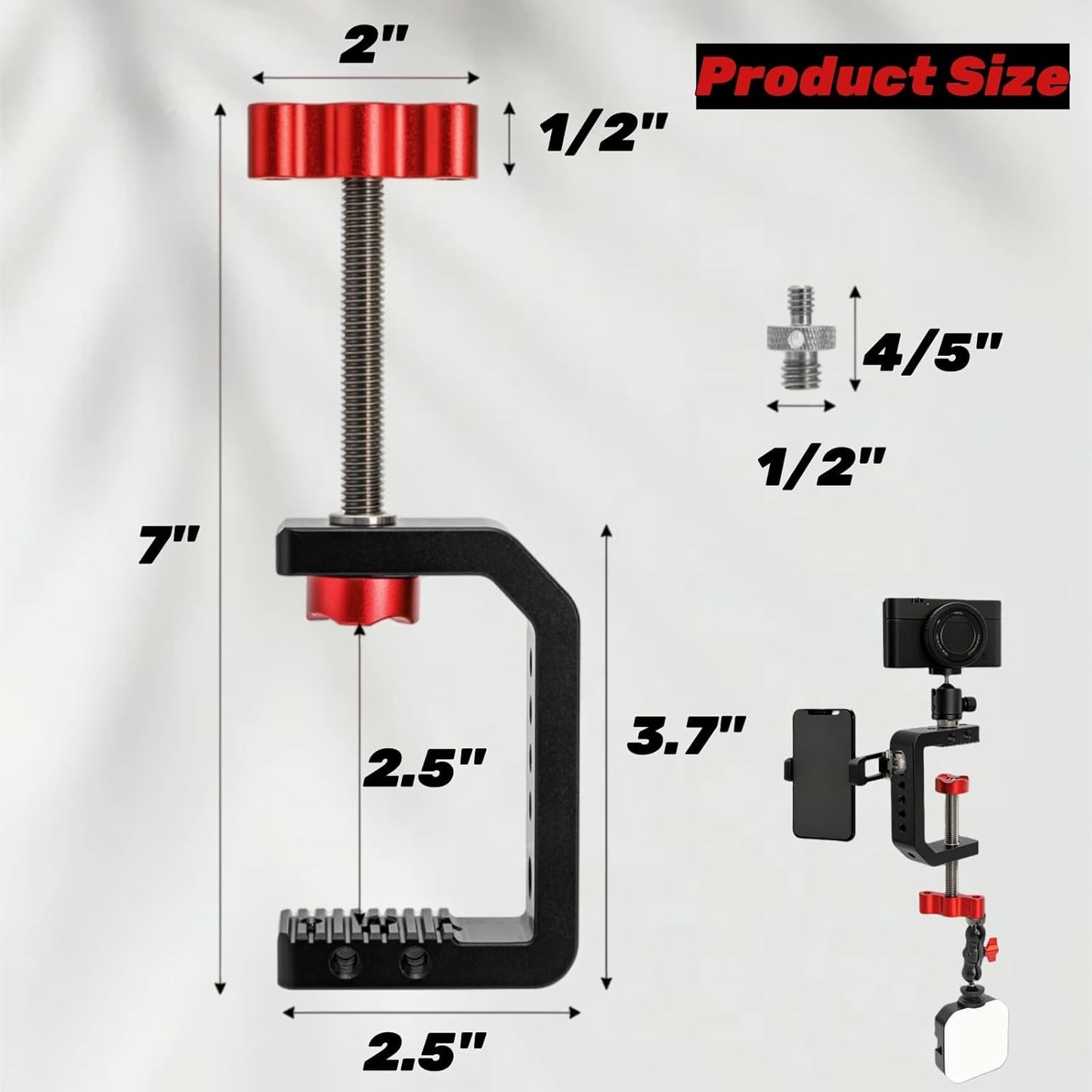 C Clamp Desk Camera Mount, Table Clamps with 1/4" and 3/8" Thread, Metal Desktop for Light Stand, Heavy Duty Jaw Workbench, Rods, Shelves, Bike, Fits up to 2.5" Thickness