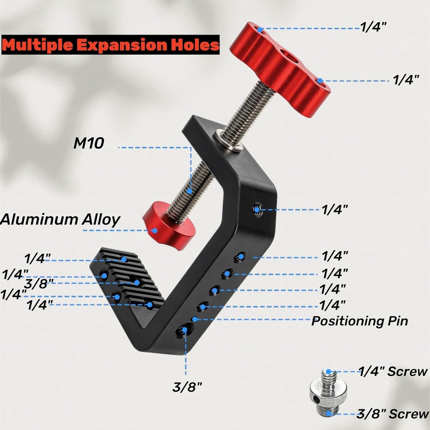 C Clamp Desk Camera Mount, Table Clamps with 1/4" and 3/8" Thread, Metal Desktop for Light Stand, Heavy Duty Jaw Workbench, Rods, Shelves, Bike, Fits up to 2.5" Thickness