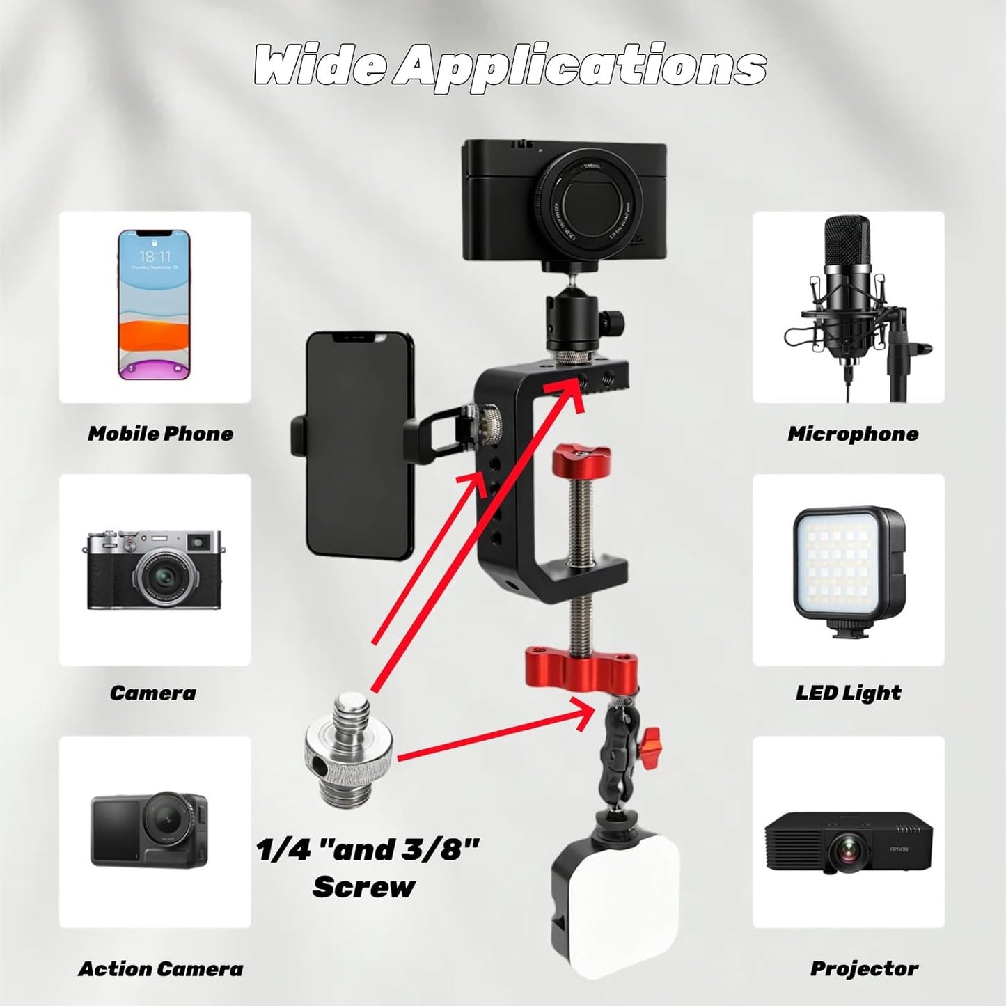 C Clamp Desk Camera Mount, Table Clamps with 1/4" and 3/8" Thread, Metal Desktop for Light Stand, Heavy Duty Jaw Workbench, Rods, Shelves, Bike, Fits up to 2.5" Thickness