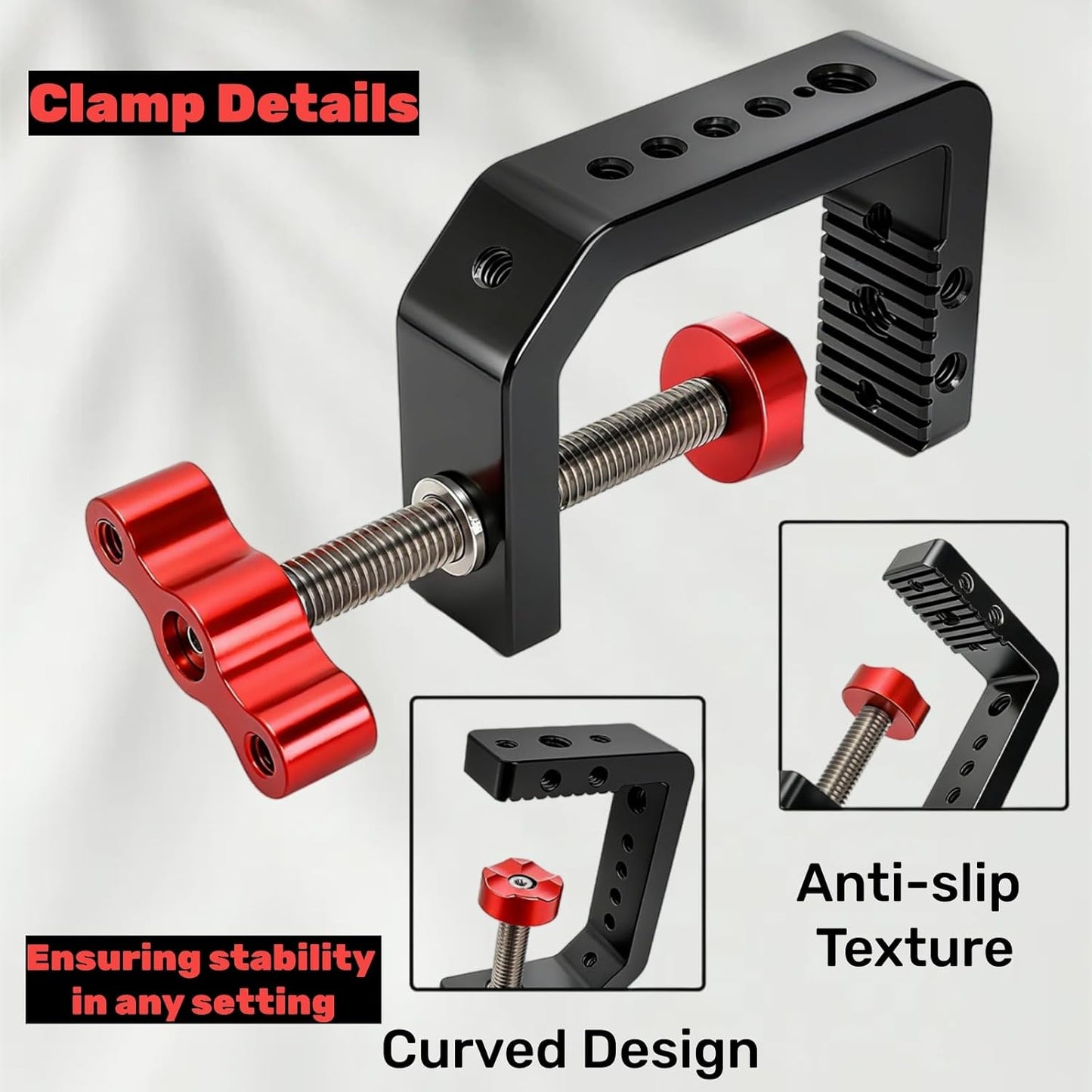 C Clamp Desk Camera Mount, Table Clamps with 1/4" and 3/8" Thread, Metal Desktop for Light Stand, Heavy Duty Jaw Workbench, Rods, Shelves, Bike, Fits up to 2.5" Thickness