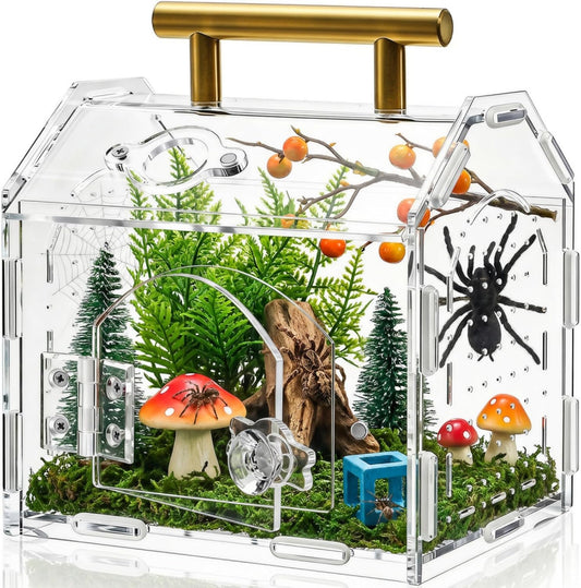 Jumping Spider Enclosure with Handle, Acrylic Reptile Habitat One-Click Magnetic Closure, Front Opening Small Terrarium Ventilation Holes for Tarantulas, Frogs, Gecko, Mantis