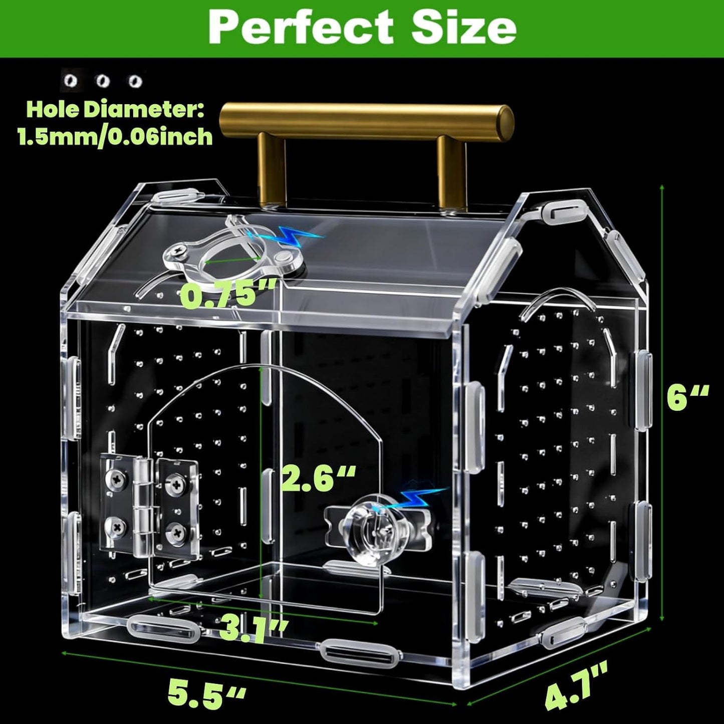 Jumping Spider Enclosure with Handle, Acrylic Reptile Habitat One-Click Magnetic Closure, Front Opening Small Terrarium Ventilation Holes for Tarantulas, Frogs, Gecko, Mantis