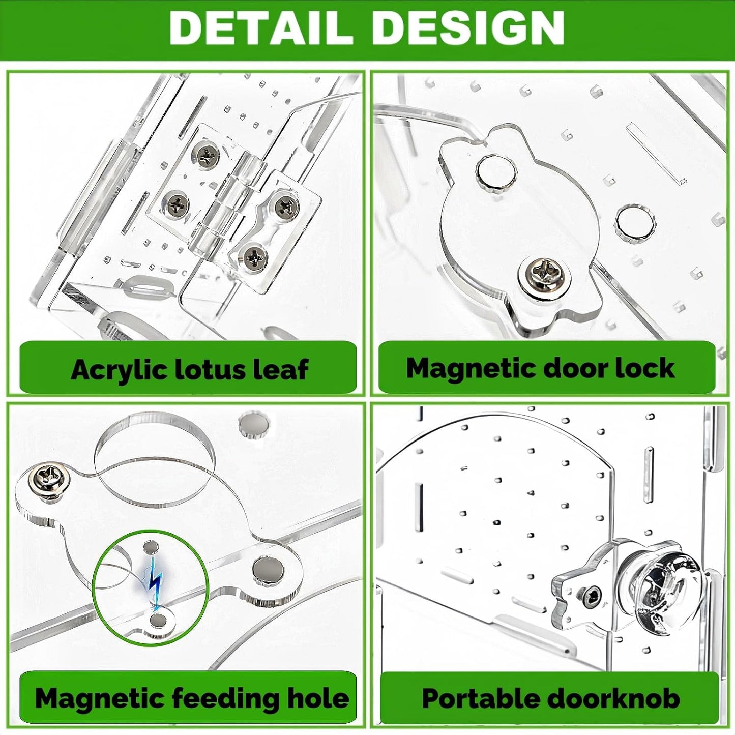 Jumping Spider Enclosure with Handle, Acrylic Reptile Habitat One-Click Magnetic Closure, Front Opening Small Terrarium Ventilation Holes for Tarantulas, Frogs, Gecko, Mantis