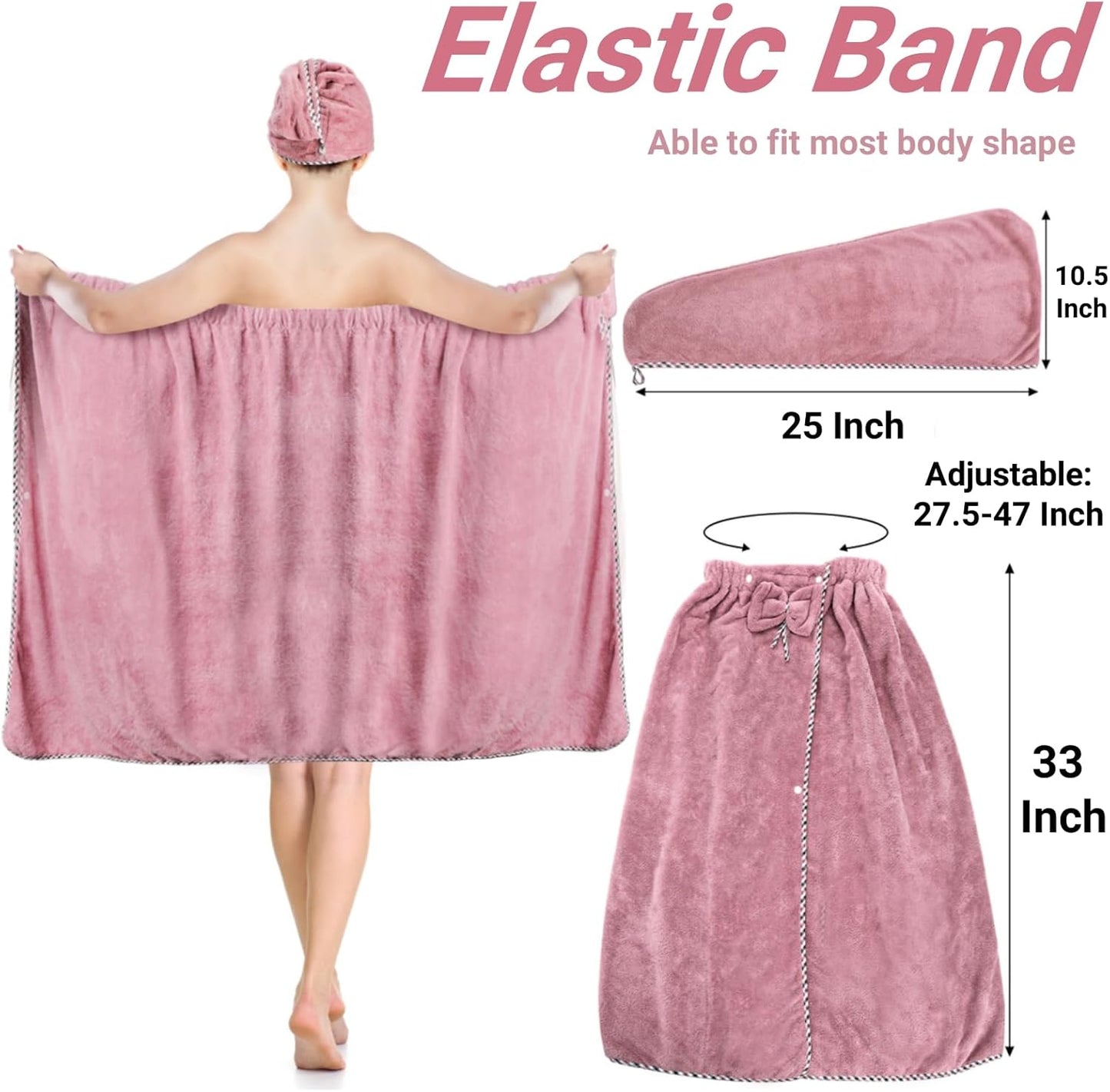 2 Pcs Bath Towel Wrap Set, Microfiber Soft Shower with Head Cover, Adjustable Closure Bathrobe for Women, Super Absorbent Body Dress and Hair Spa Gym