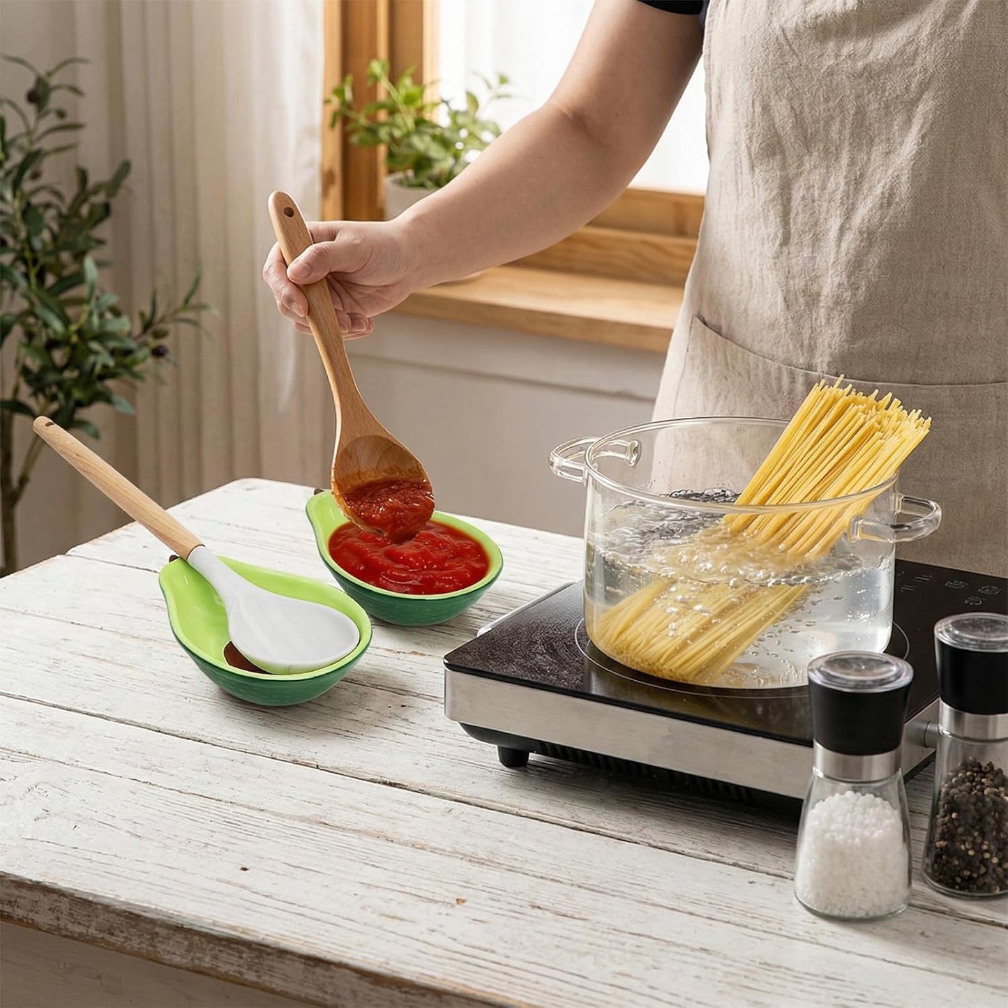 4 Pack Avocado Spoon Rest for Stove Top, 6.5 Inch Cute Ceramic Holder, Heat-Resistant Kitchen Counter Ladle Spoonrest, Large Cooking Utensil Dish Spatula, Tongs, Housewarming Gifts