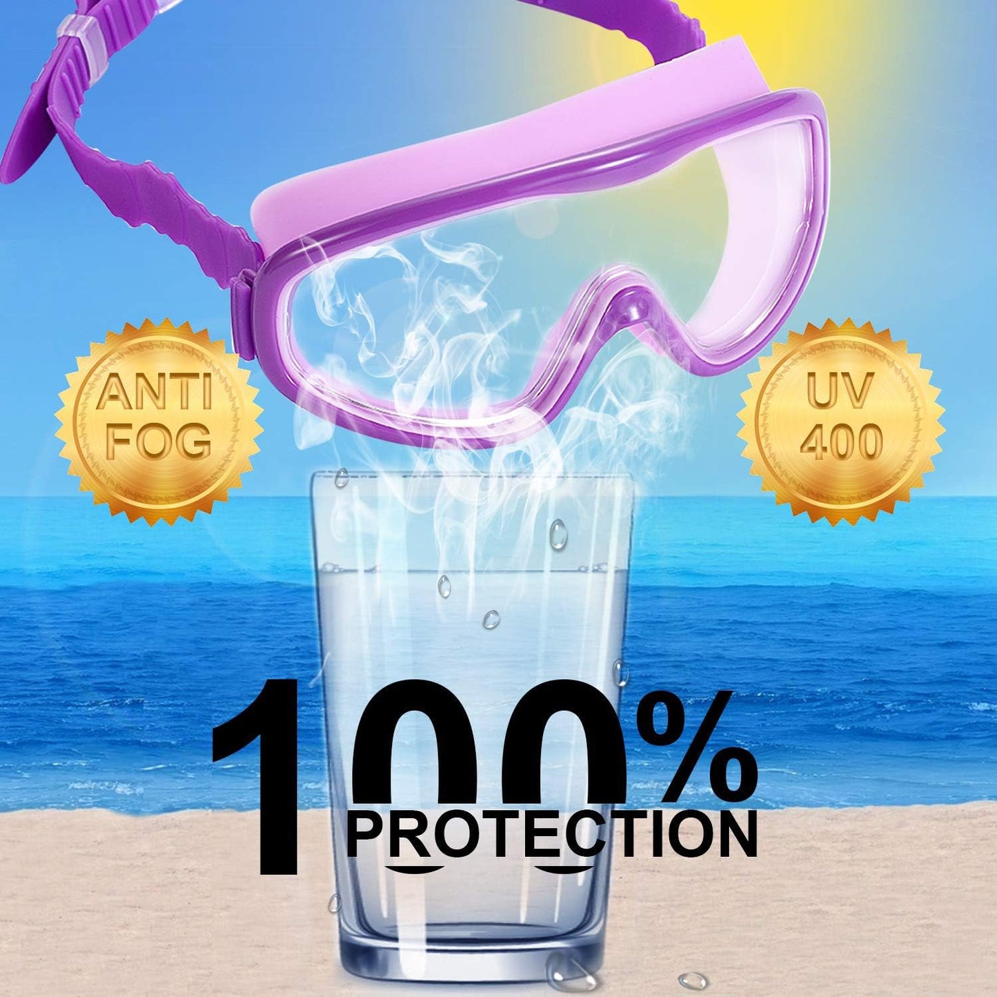 2 Pack Kids Swim Goggles, Swimming Glasses for Children from 3 to 15 Years Old Purple/Pink