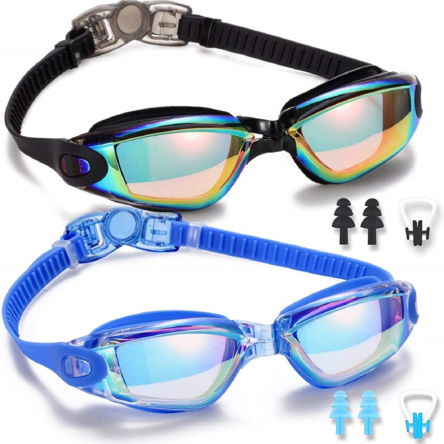 Swim Goggles, 2 Pack Swimming Goggles for Adult Men Women Youth Kids Child Black/Blue(mirrored)