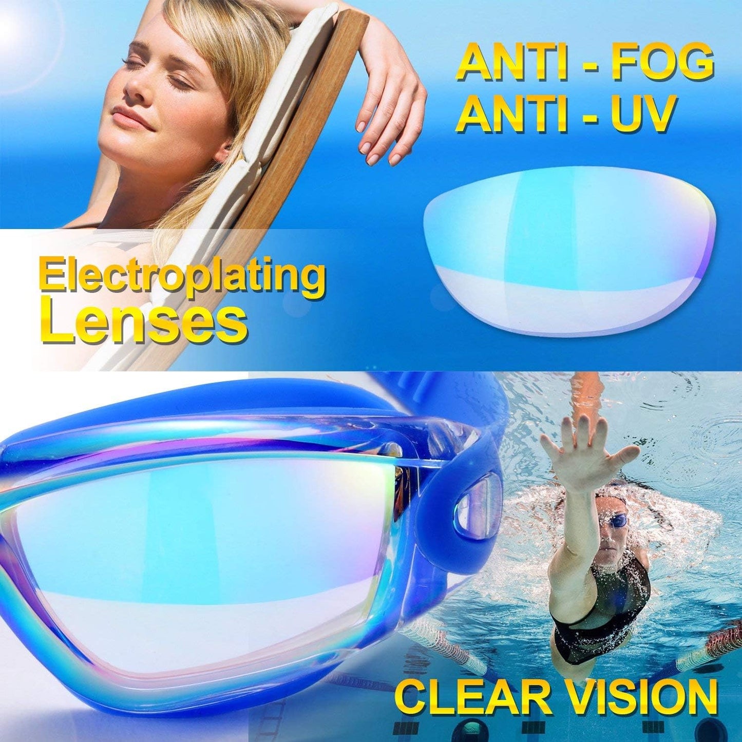Swim Goggles, 2 Pack Swimming Goggles for Adult Men Women Youth Kids Child Black/Blue(mirrored)