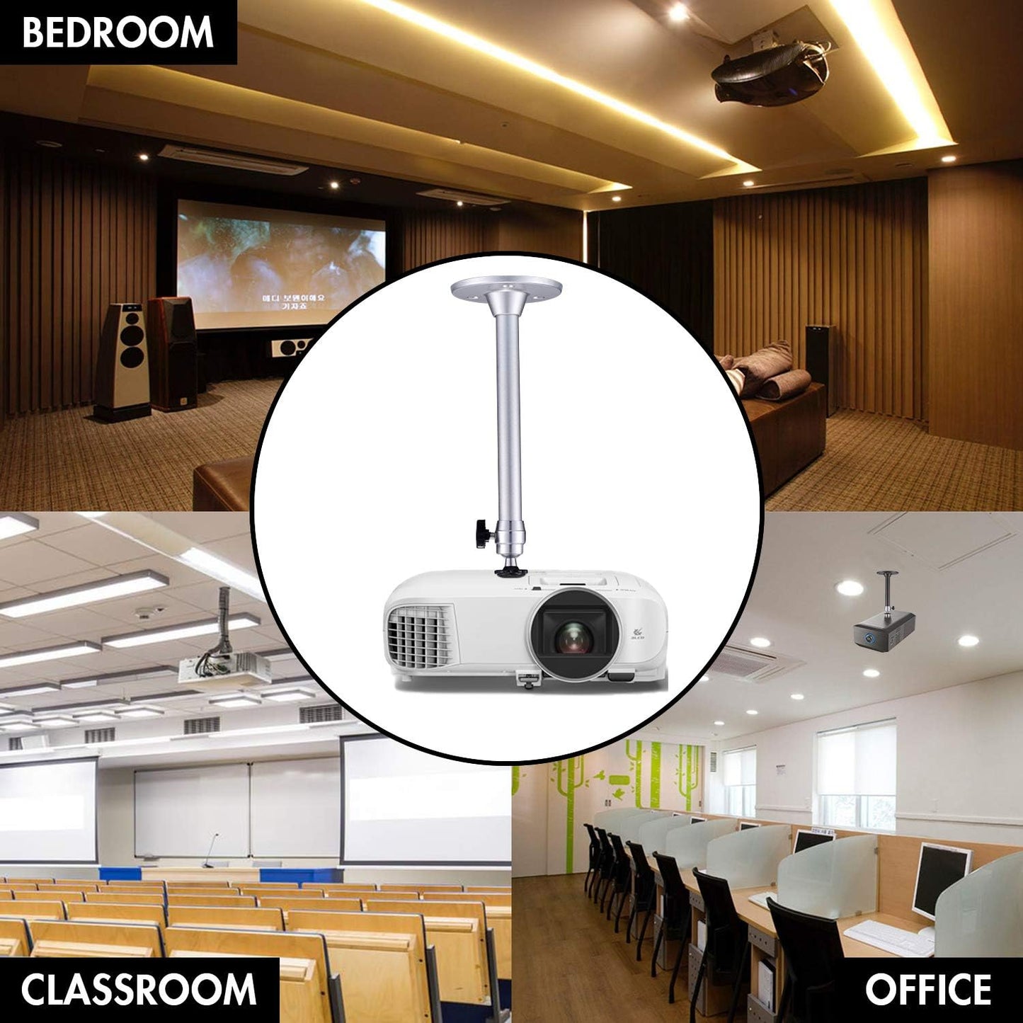 2 Pack Mini Ceiling Projector Mount Set, Adjustable Drop Wall Mounts Tubes with 360 Degrees Rotatable Heads, 3 Sizes of Mounting Heads and Screws Accessory