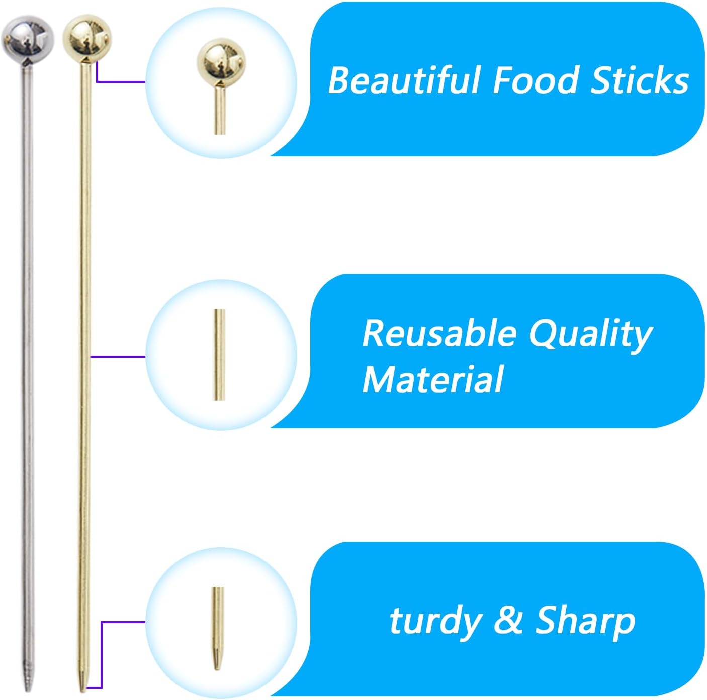 20 PCS Stainless Steel Cocktail Toothpicks, Picks for Drinks, Reusable Skewers Metal Tooth Appetizers (4.3 Inch)