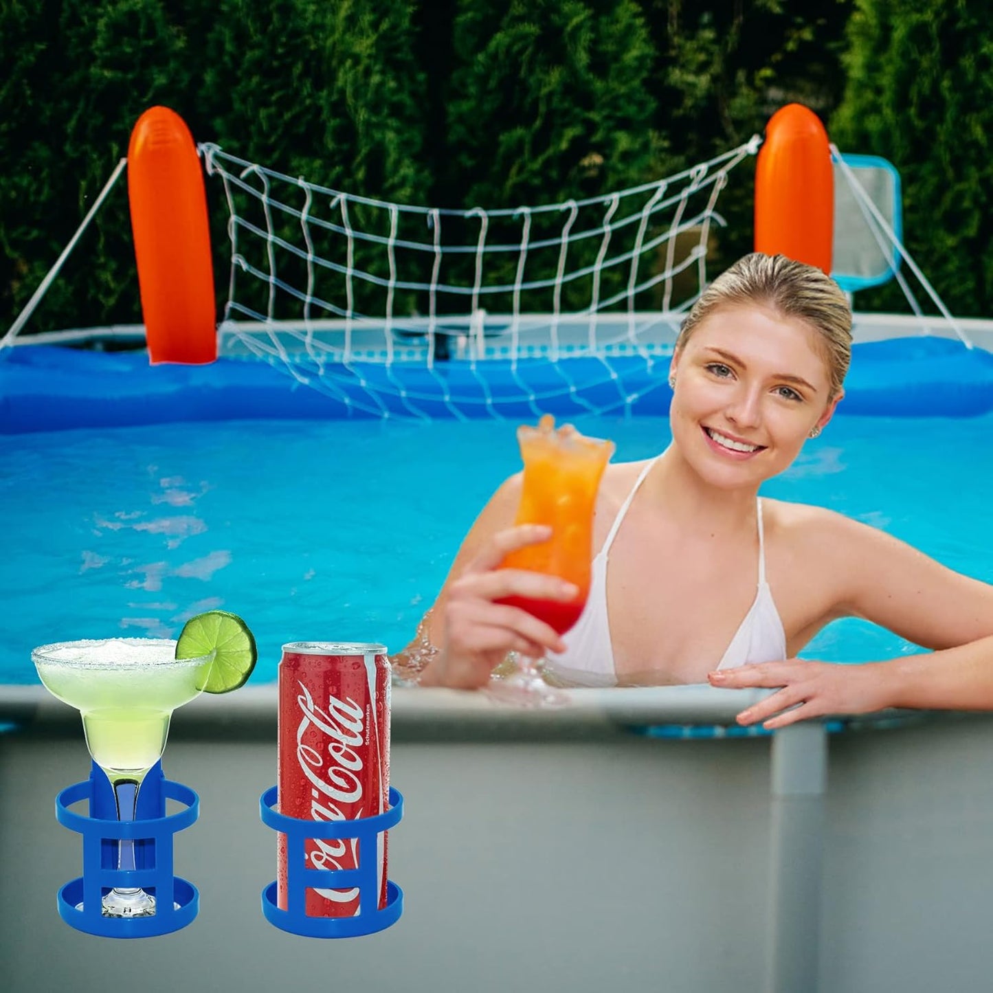 Poolside Cup Holder for Above Ground Pools, Pool Drink Holders Party ONLY FITS 2 Inch or Less Round Top Bar (Blue - 4 Pack) Blue Pack