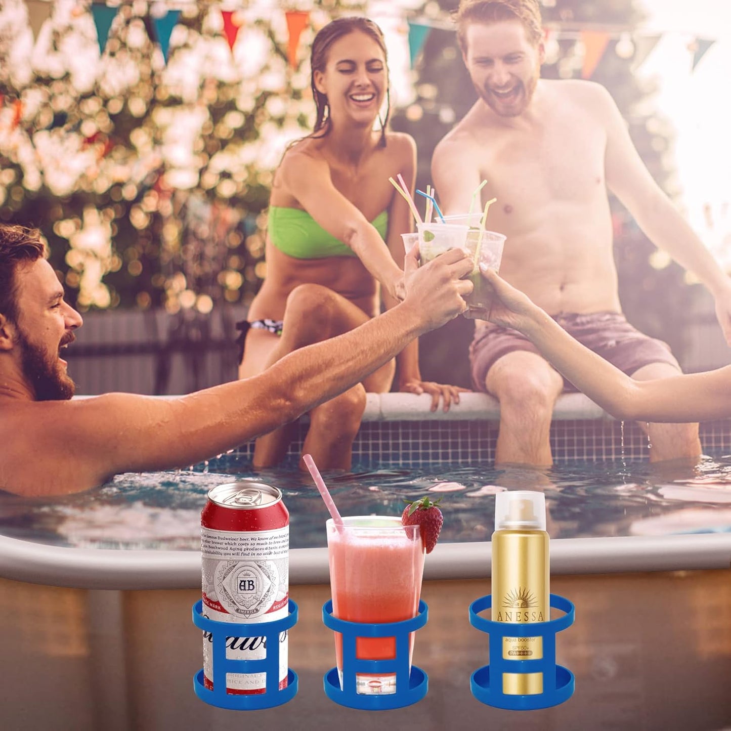 Poolside Cup Holder for Above Ground Pools, Pool Drink Holders Party ONLY FITS 2 Inch or Less Round Top Bar (Blue - 4 Pack) Blue Pack