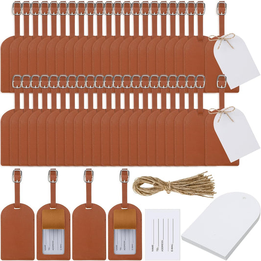 48 Sets Leather Luggage Tags Bulk Wedding Favors for Guests Bridal Gifts Shower Gift PU with Name ID Card Tag Brown