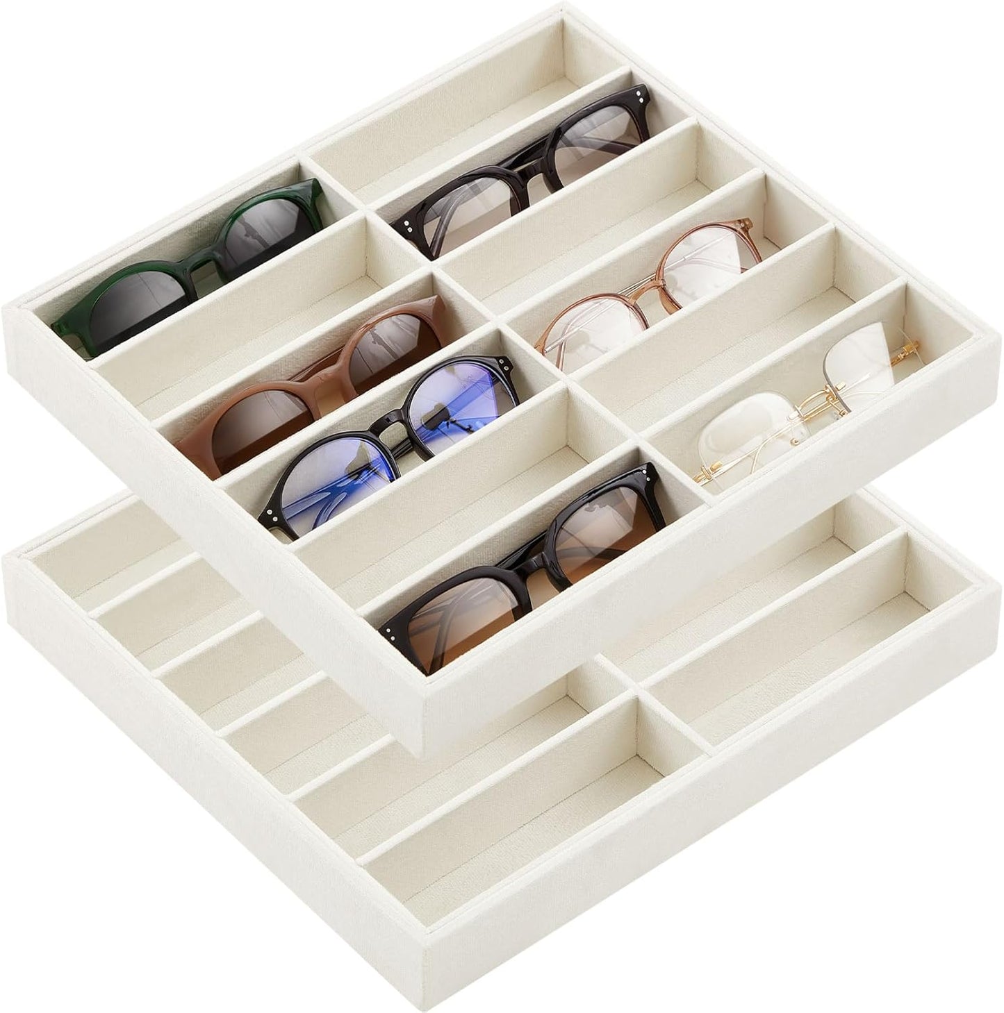 2 Pcs Sunglass Organizer Trays Glasses Stackable Jewelry Display Box (12 Grids,Beige) Beige 12 Grids