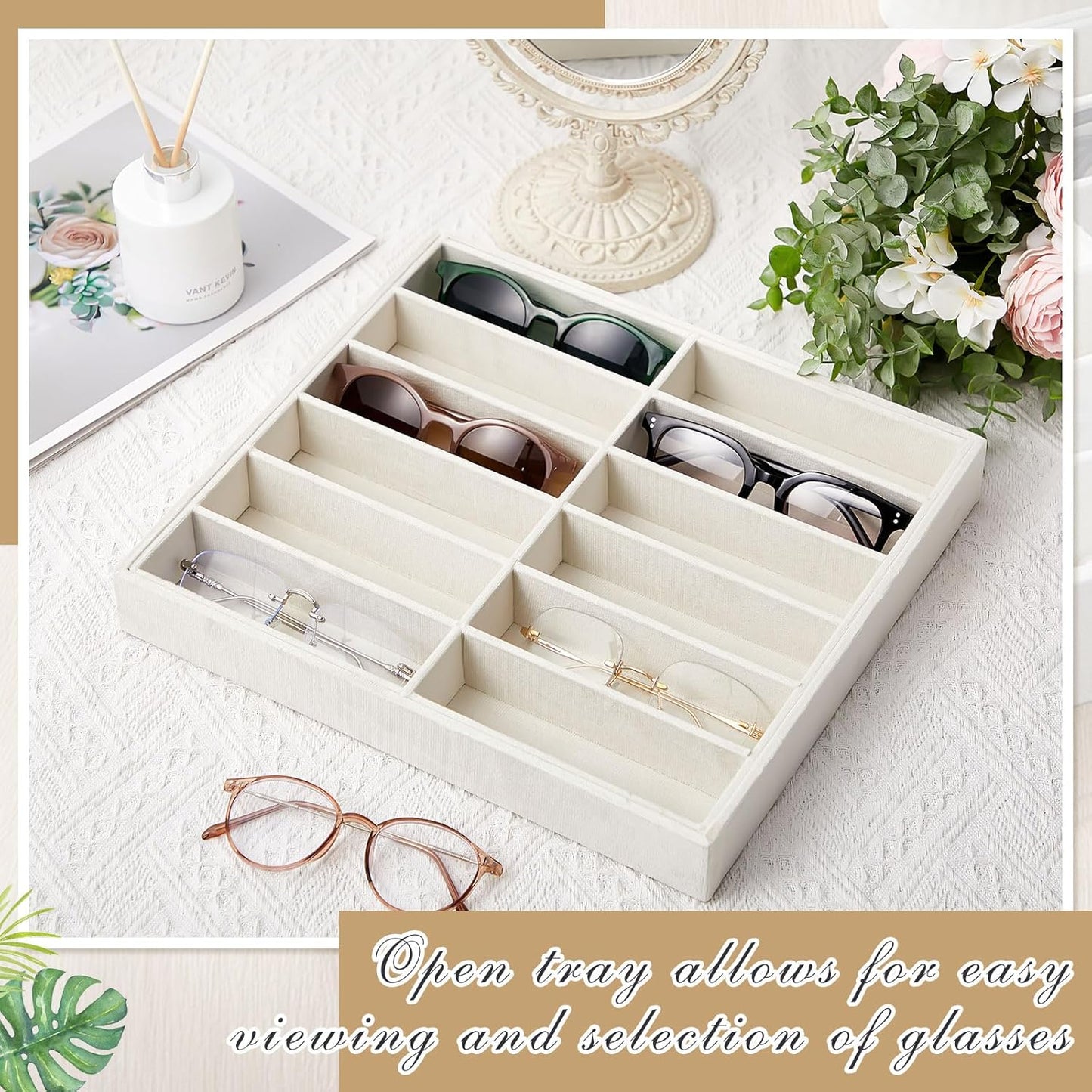 2 Pcs Sunglass Organizer Trays Glasses Stackable Jewelry Display Box (12 Grids,Beige) Beige 12 Grids