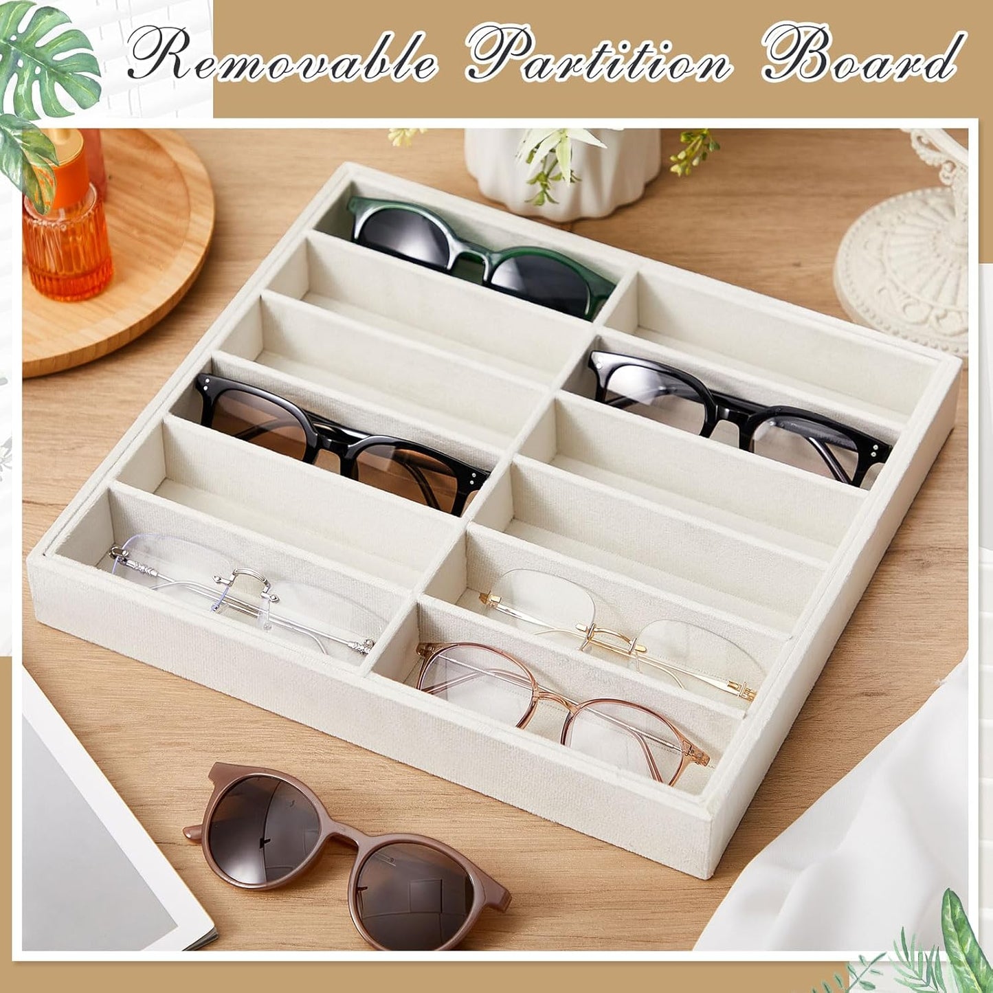 2 Pcs Sunglass Organizer Trays Glasses Stackable Jewelry Display Box (12 Grids,Beige) Beige 12 Grids