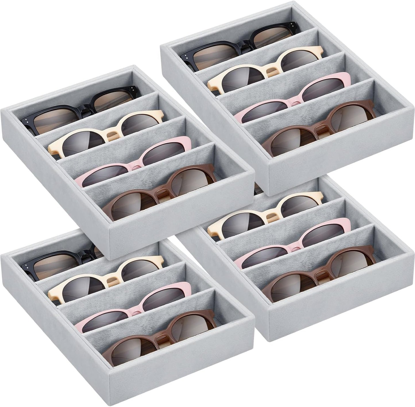 4 Pcs Gray Sunglass Organizer Trays Grids Velvet Glasses Holder Jewelry Display Eyeglasses Storage Box Drawer