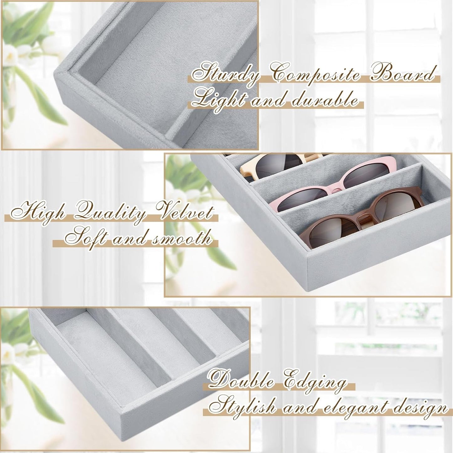 4 Pcs Gray Sunglass Organizer Trays Grids Velvet Glasses Holder Jewelry Display Eyeglasses Storage Box Drawer
