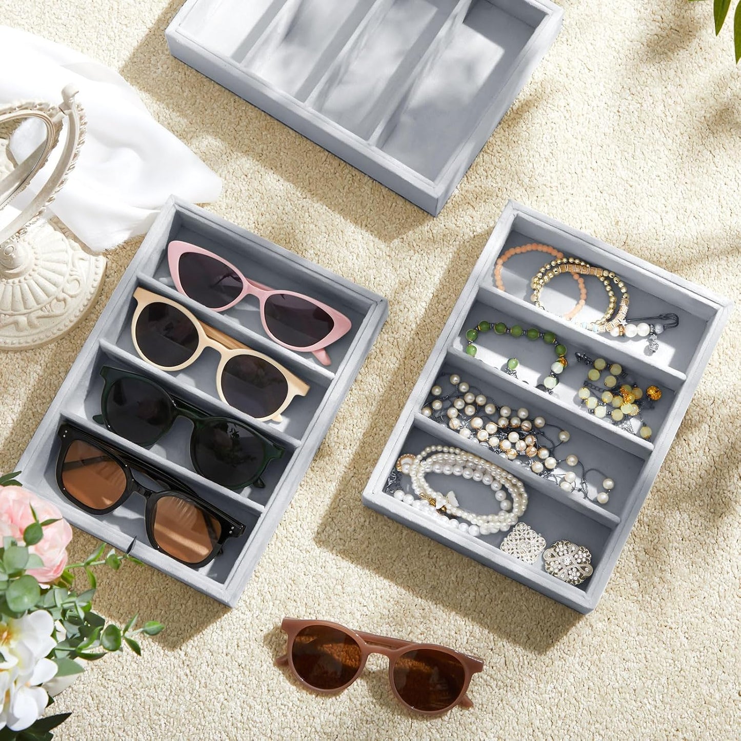 4 Pcs Gray Sunglass Organizer Trays Grids Velvet Glasses Holder Jewelry Display Eyeglasses Storage Box Drawer