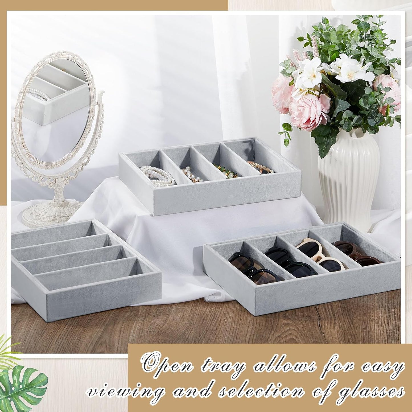 4 Pcs Gray Sunglass Organizer Trays Grids Velvet Glasses Holder Jewelry Display Eyeglasses Storage Box Drawer