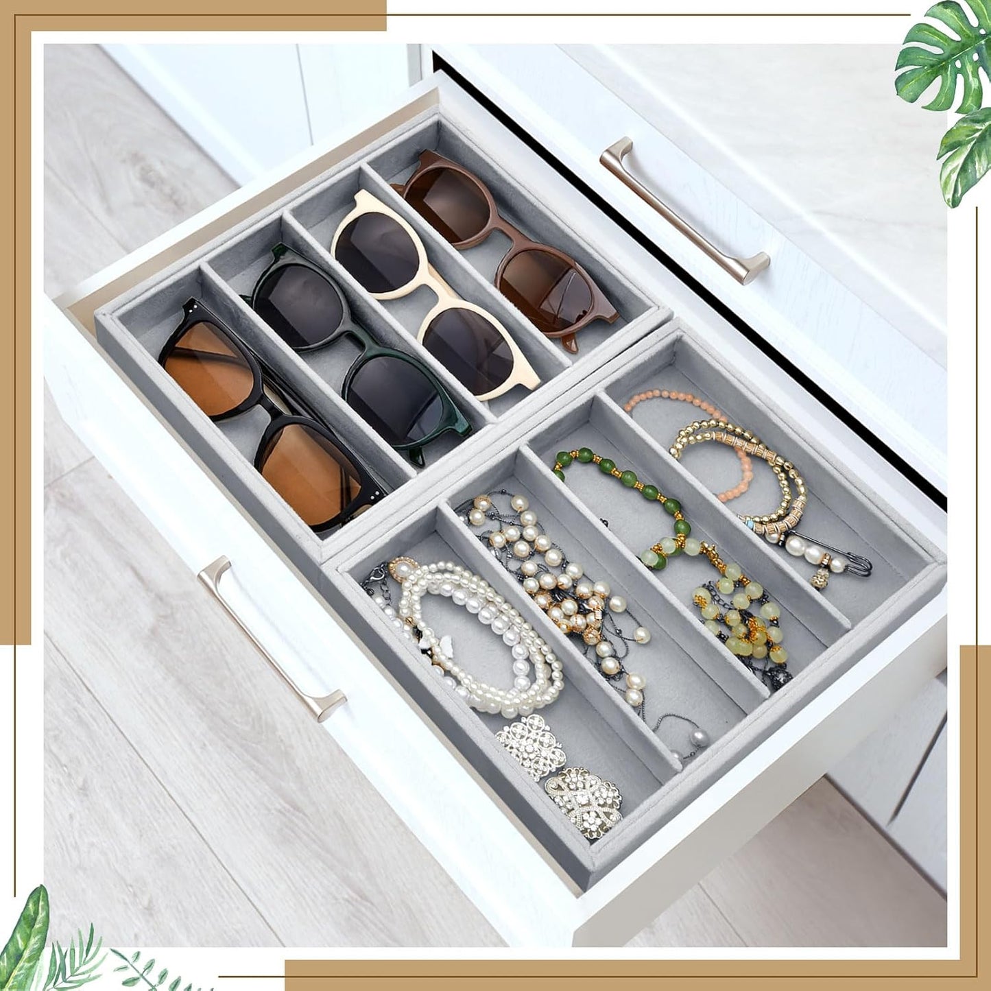 4 Pcs Gray Sunglass Organizer Trays Grids Velvet Glasses Holder Jewelry Display Eyeglasses Storage Box Drawer