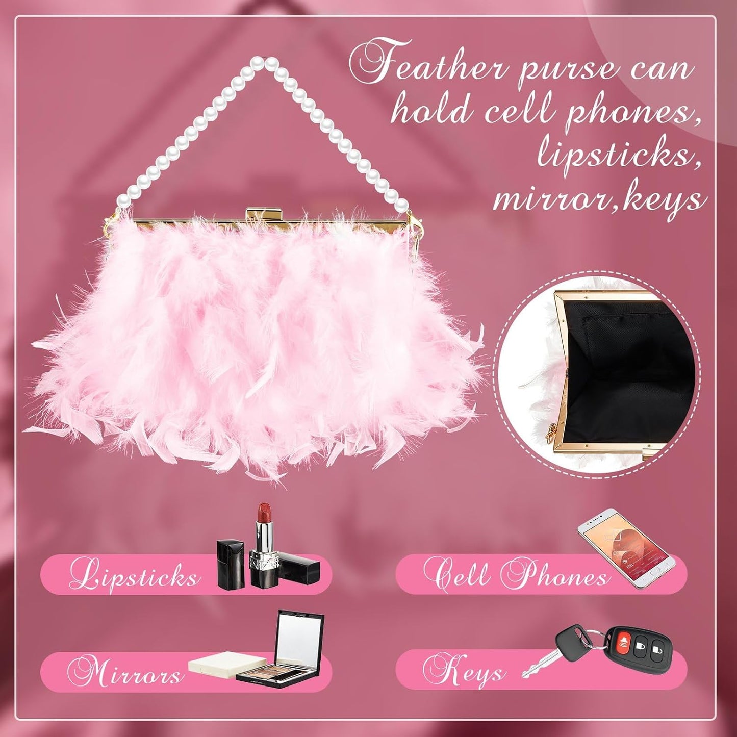 Feather Clutch Purses for Women, Evening Bags Furry Purse with 2 Chains Wedding Bride Fringe Glossy Designer Pink