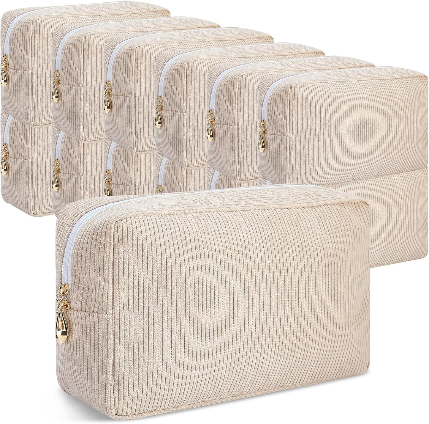 12 Pcs Corduroy Makeup Bag Large Capacity Preppy Cosmetic Bulk DIY Daily Use Plain Portable Pouch Travel Purse Organizer Storage for Women Xmas Gift(Beige Pink) Beige Pink