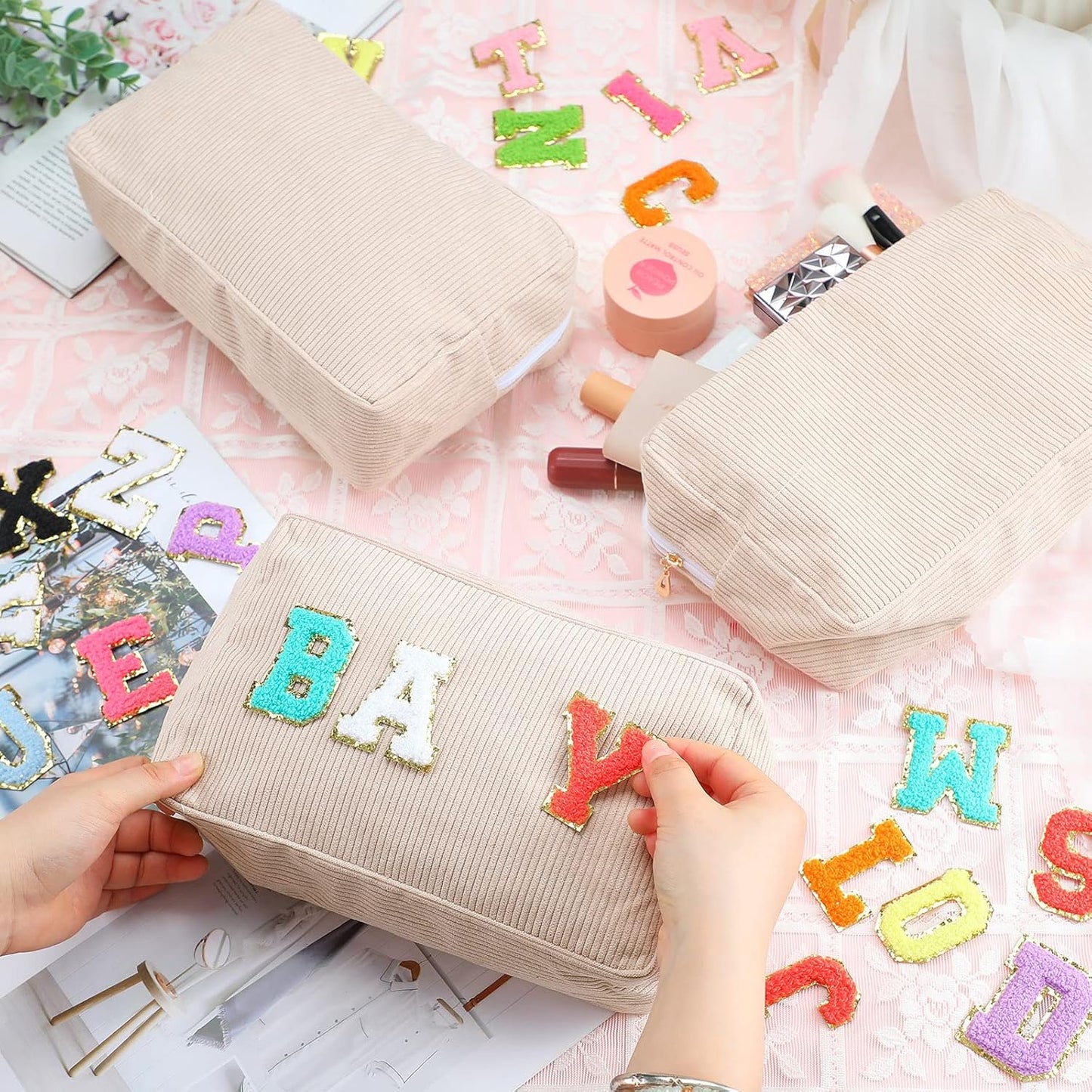 12 Pcs Corduroy Makeup Bag Large Capacity Preppy Cosmetic Bulk DIY Daily Use Plain Portable Pouch Travel Purse Organizer Storage for Women Xmas Gift(Beige Pink) Beige Pink