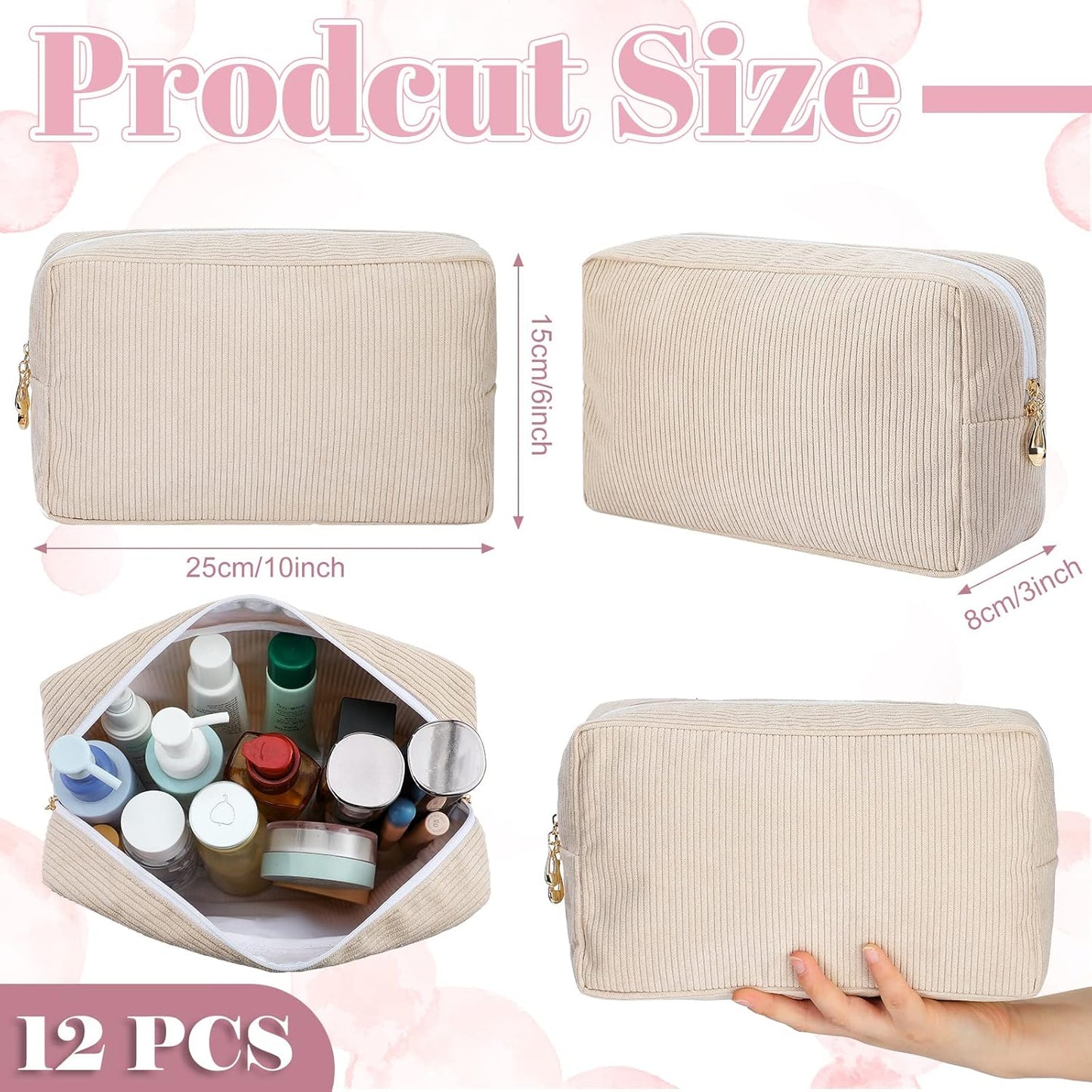12 Pcs Corduroy Makeup Bag Large Capacity Preppy Cosmetic Bulk DIY Daily Use Plain Portable Pouch Travel Purse Organizer Storage for Women Xmas Gift(Beige Pink) Beige Pink