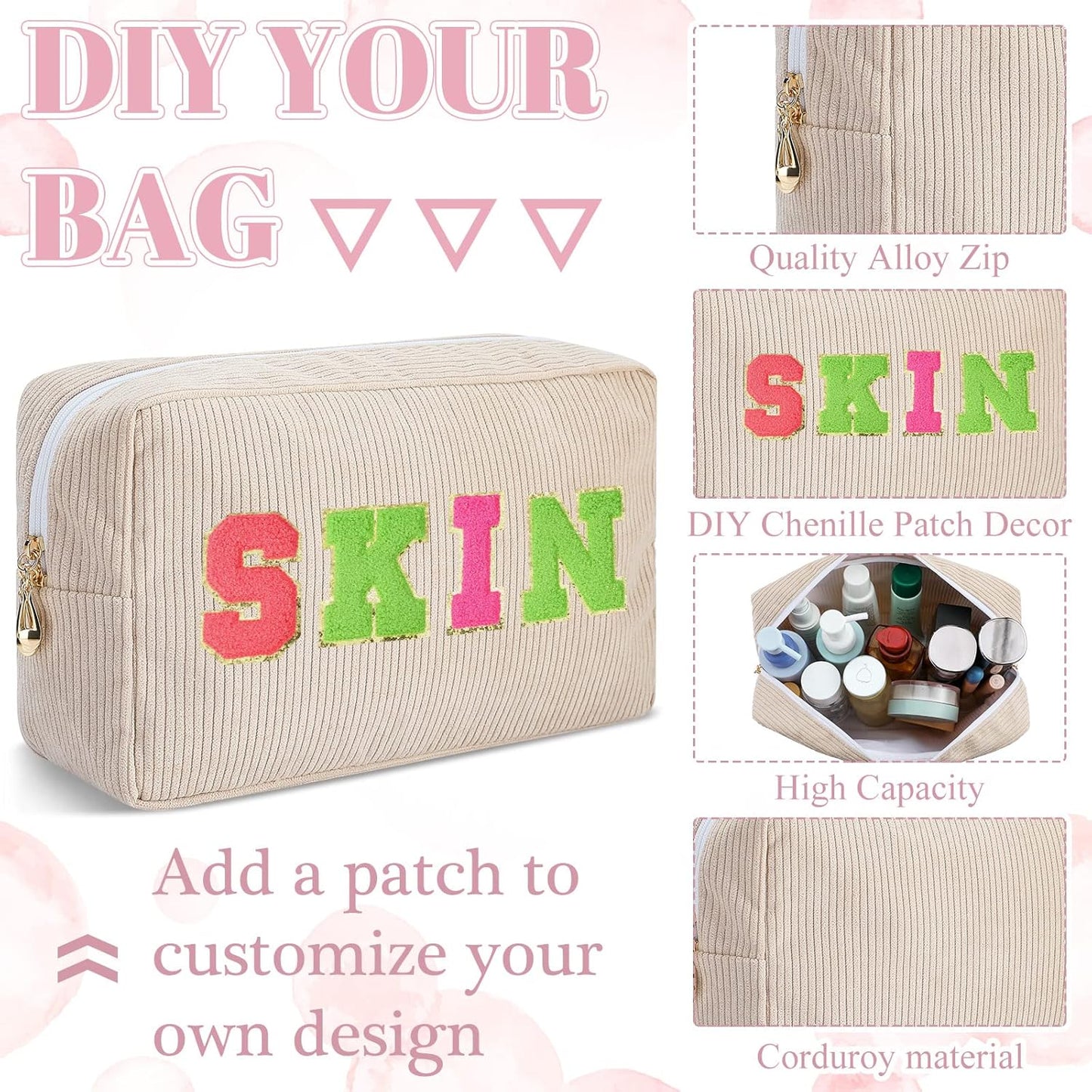 12 Pcs Corduroy Makeup Bag Large Capacity Preppy Cosmetic Bulk DIY Daily Use Plain Portable Pouch Travel Purse Organizer Storage for Women Xmas Gift(Beige Pink) Beige Pink