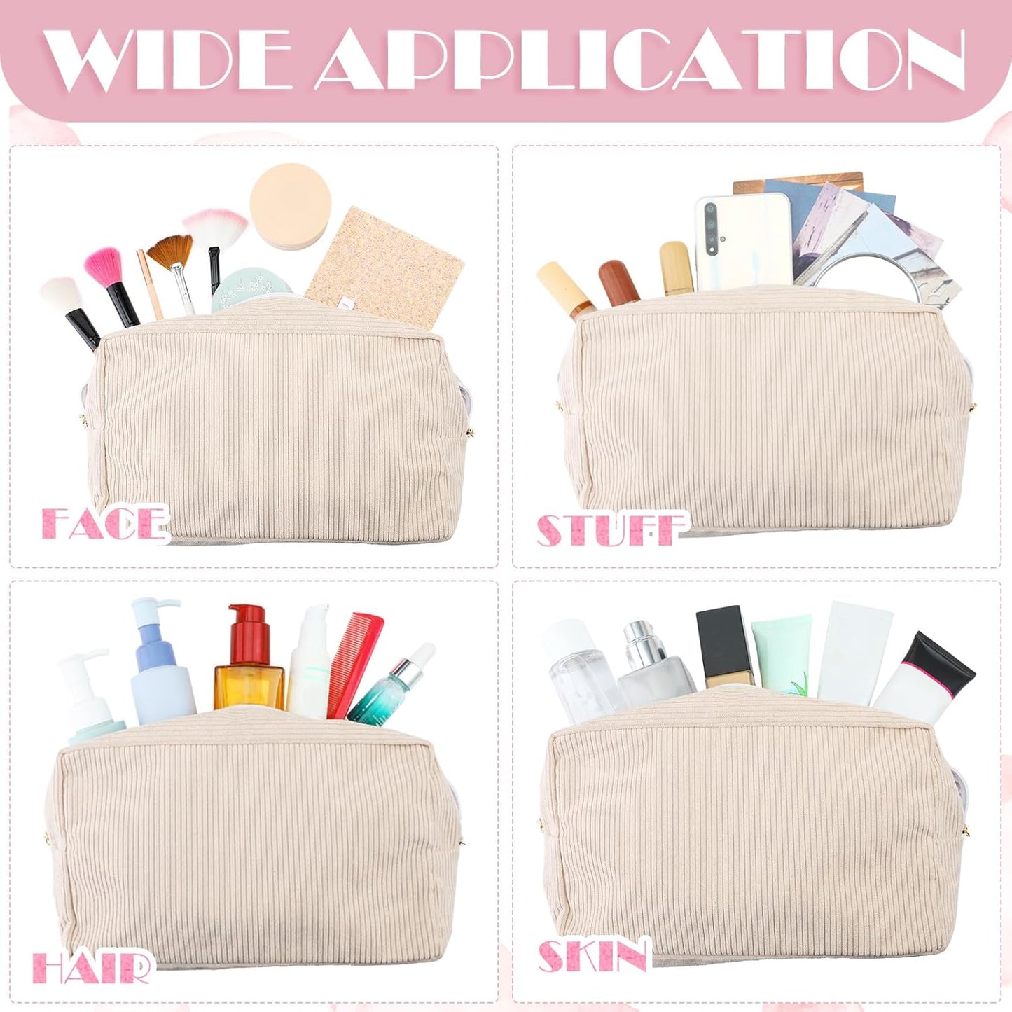 12 Pcs Corduroy Makeup Bag Large Capacity Preppy Cosmetic Bulk DIY Daily Use Plain Portable Pouch Travel Purse Organizer Storage for Women Xmas Gift(Beige Pink) Beige Pink